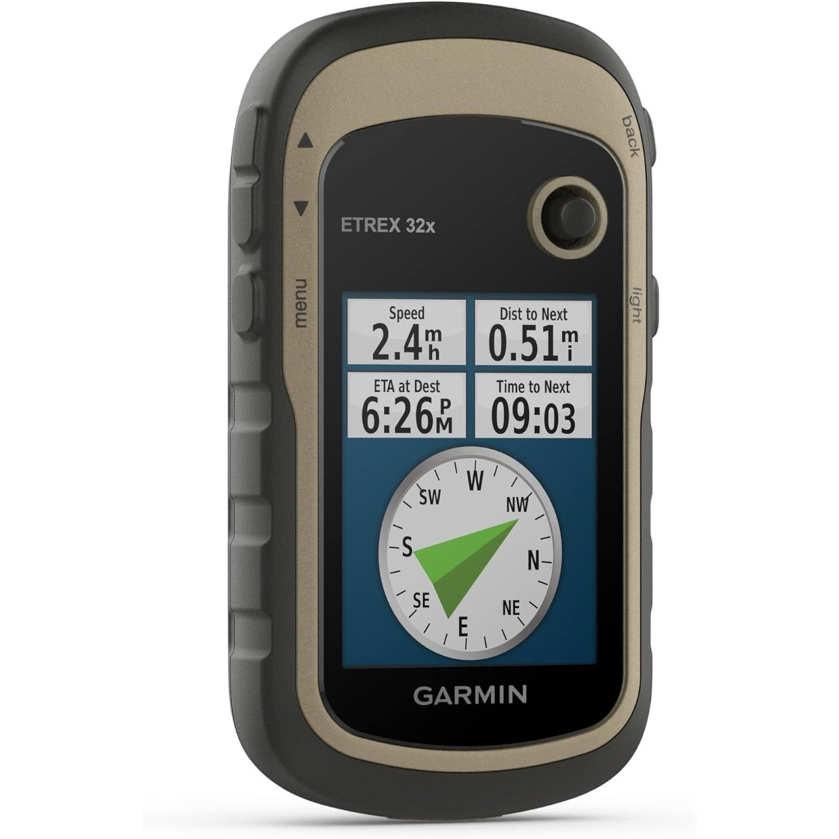 Ręczne urządzenie GPS Garmin eTrex 32x z polami danych i kompasem na ekranie.