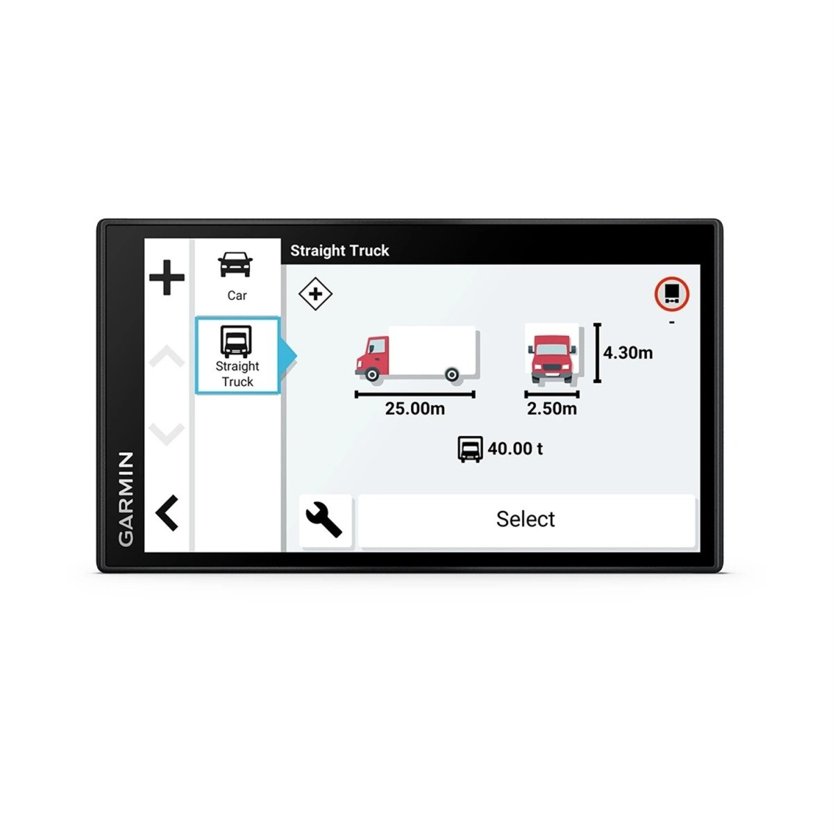 Ein Garmin-GPS-Bildschirm zeigt Fahrzeugabmessungen für einen Lkw mit Länge, Breite und Gewicht.