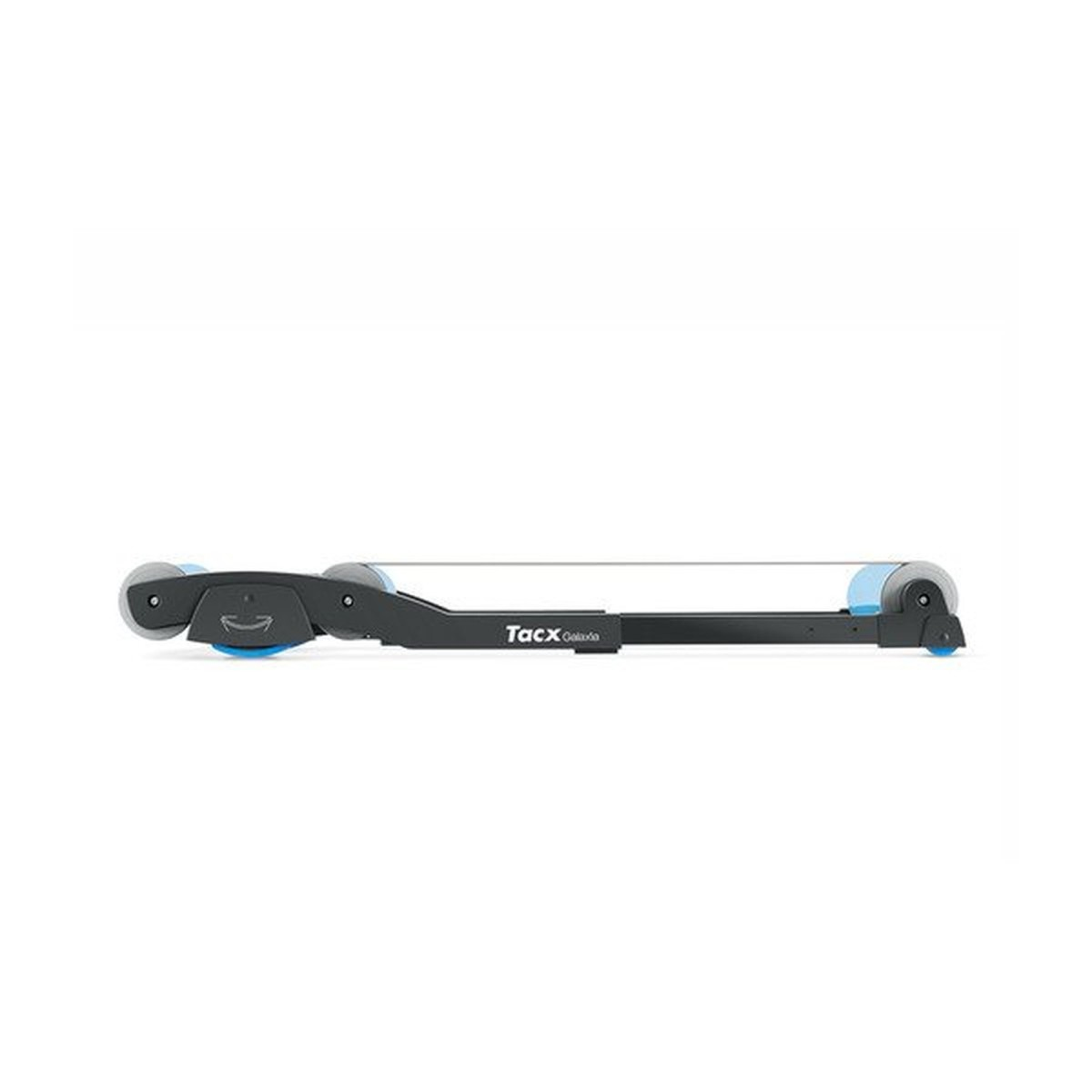 Tacx Fahrrad-Rollentrainer in Schwarz und Blau auf weißem Hintergrund.