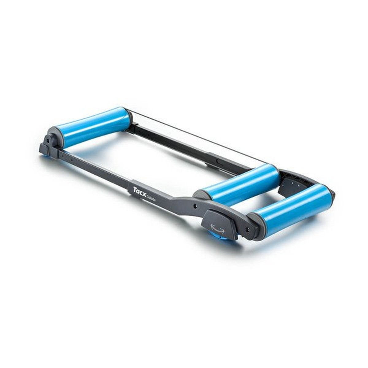 Blaue Tacx Fahrradrollen-Trainer auf weißem Hintergrund mit schwarzem Rahmen.