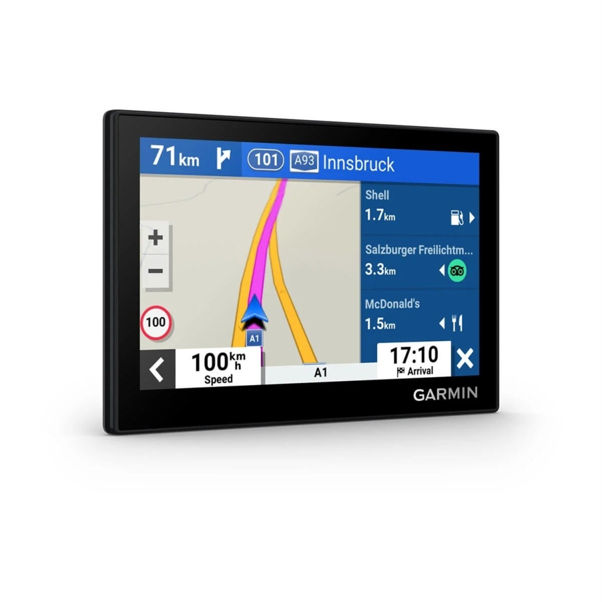 Dispositivo GPS Garmin mostra una mappa di navigazione autostradale per Innsbruck e info veicolo.