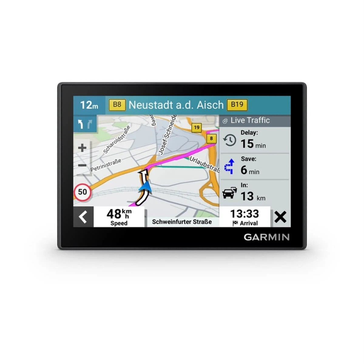 Dispositivo di navigazione GPS Garmin con percorso, velocità e informazioni sul traffico.
