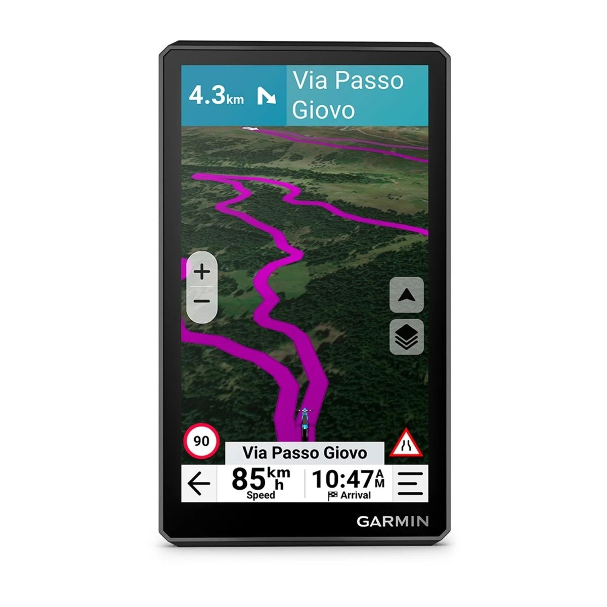 Garmin-GPS-Gerät zeigt eine Satellitenkarte mit einer pinken Route zum Via Passo Giovo und Tempo 85 km/h an.