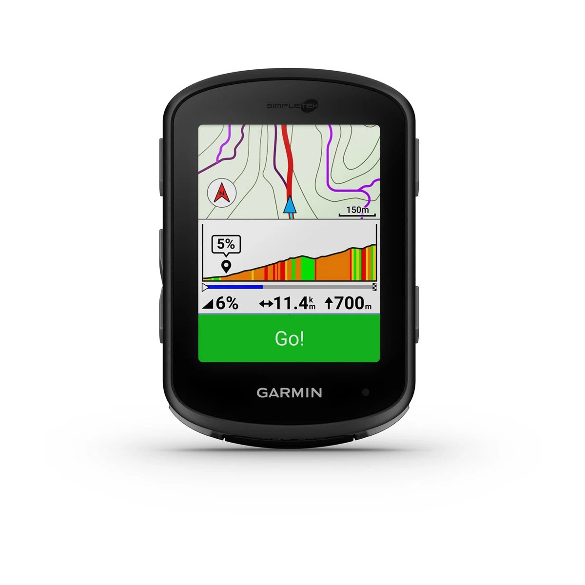 Ciclocomputer Garmin con display a colori che mostra una mappa, un profilo altimetrico e il testo 'Go!'.