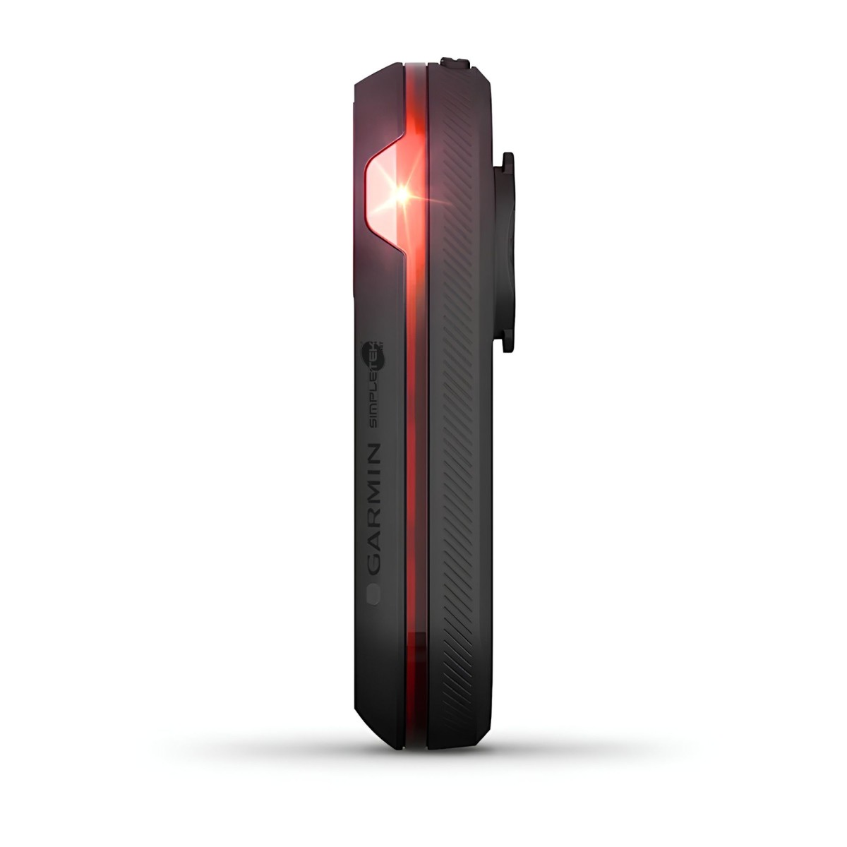 Ein schwarzes Garmin-Fahrrad-Radarlicht steht vertikal auf weißem Grund und leuchtet rot.