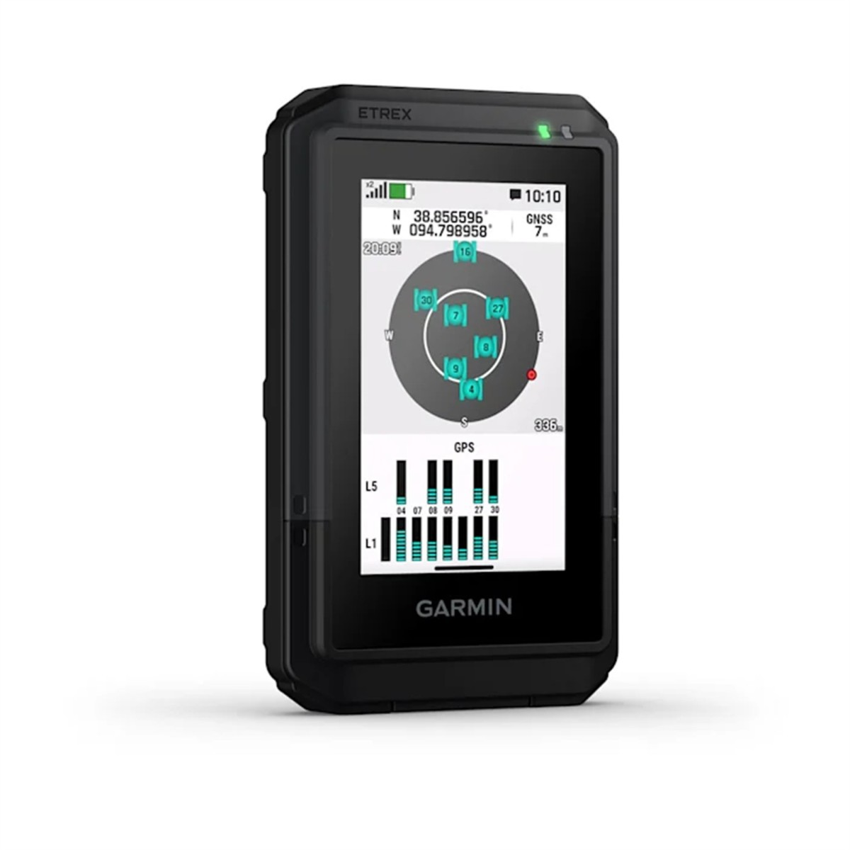 Ein schwarzes Garmin Etrex GPS-Gerät zeigt Satellitensignale, Koordinaten und Signalstärkegrafiken.