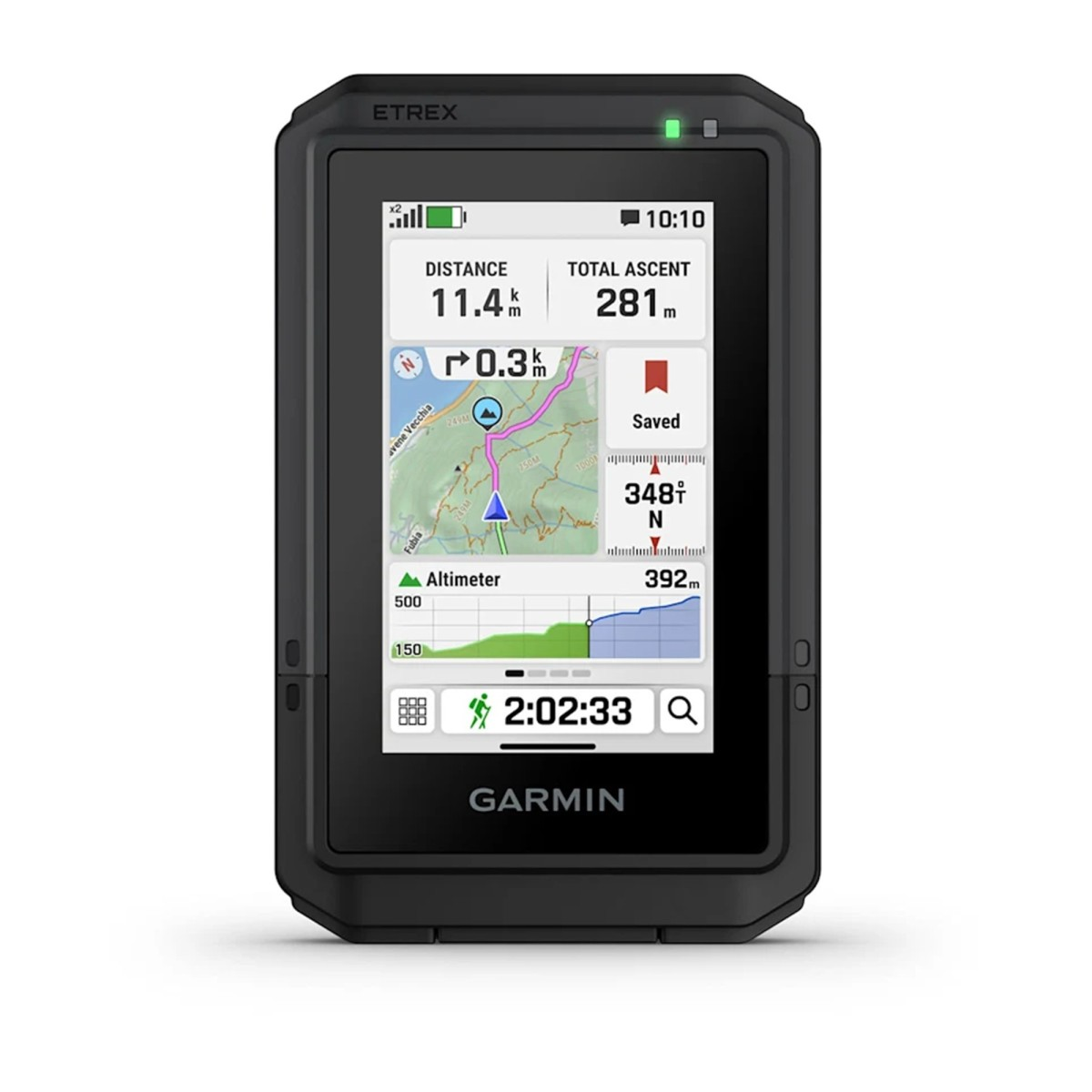 Ein schwarzes Garmin Etrex GPS-Gerät zeigt Distanz, Gesamtaufstieg, Karte und Höhenprofil auf dem Bildschirm.