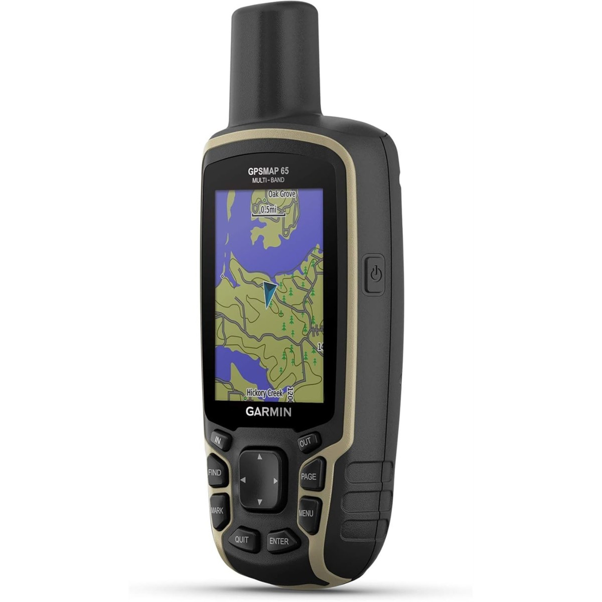 Ein tragbares Garmin GPSMAP 65 Navigationsgerät mit Farbdisplay und physischen Tasten auf weißem Hintergrund.
