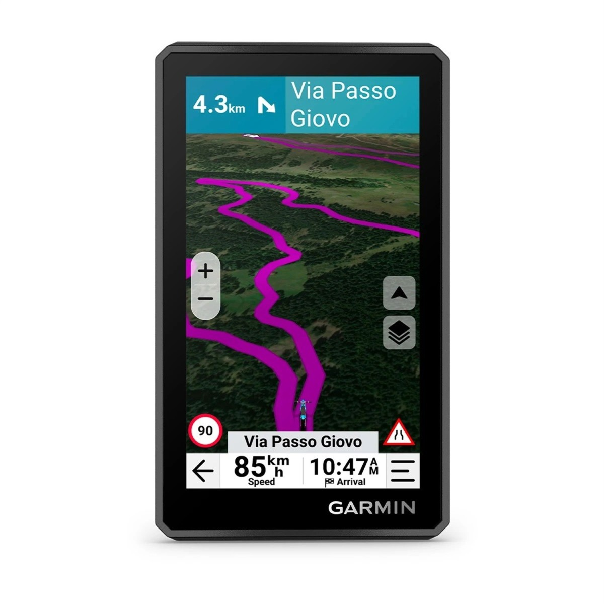 GPS-Gerät zeigt eine kurvige violette Route auf einer Satellitenkarte mit Straßennamen und Reisedaten.