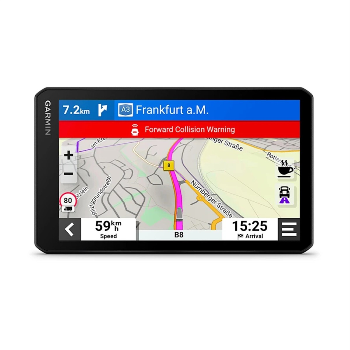 Dispositivo GPS Garmin que muestra un mapa de navegación y una barra de advertencia de colisión.