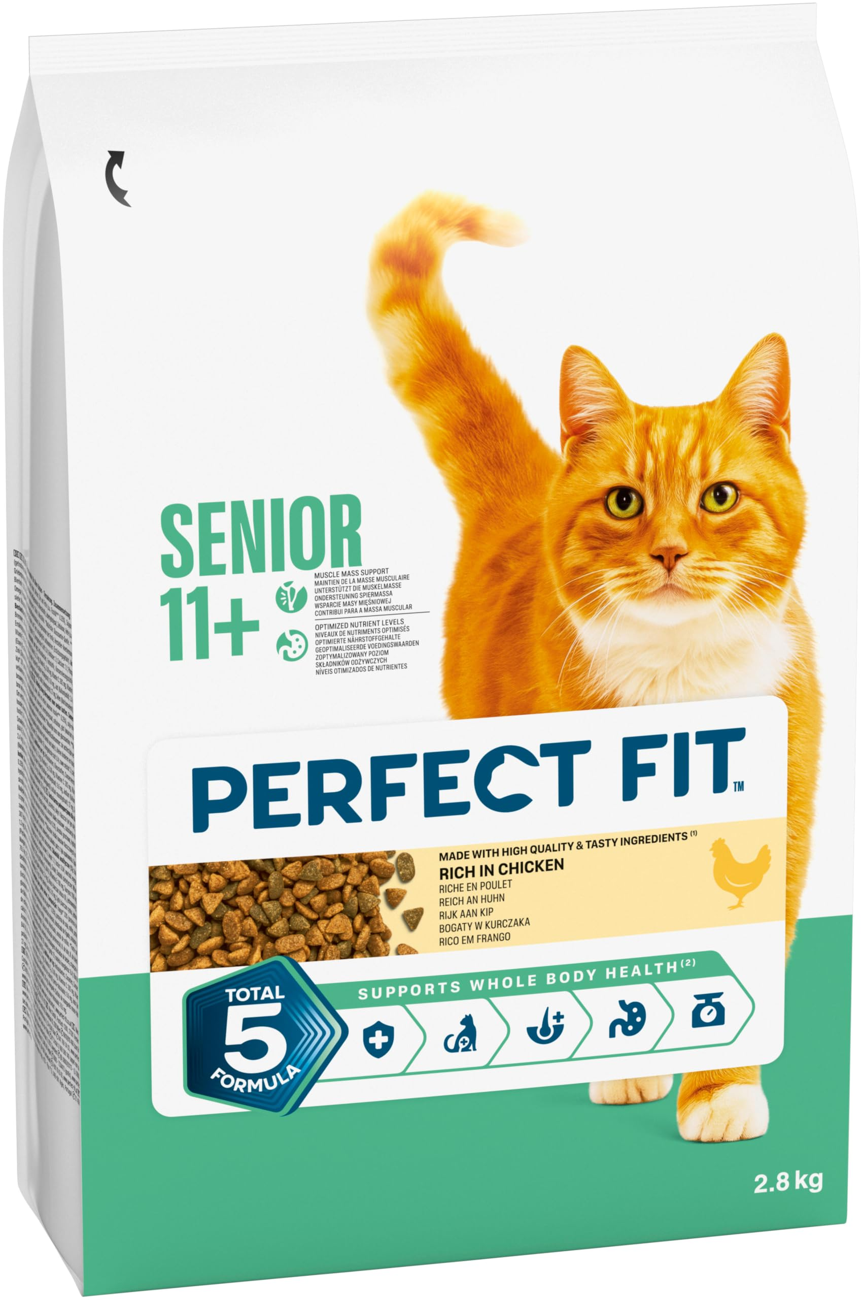 Verpackung von Perfect Fit Senior 11+ Katzenfutter mit Huhn, abgebildet mit einer roten Katze und Trockenfutter.