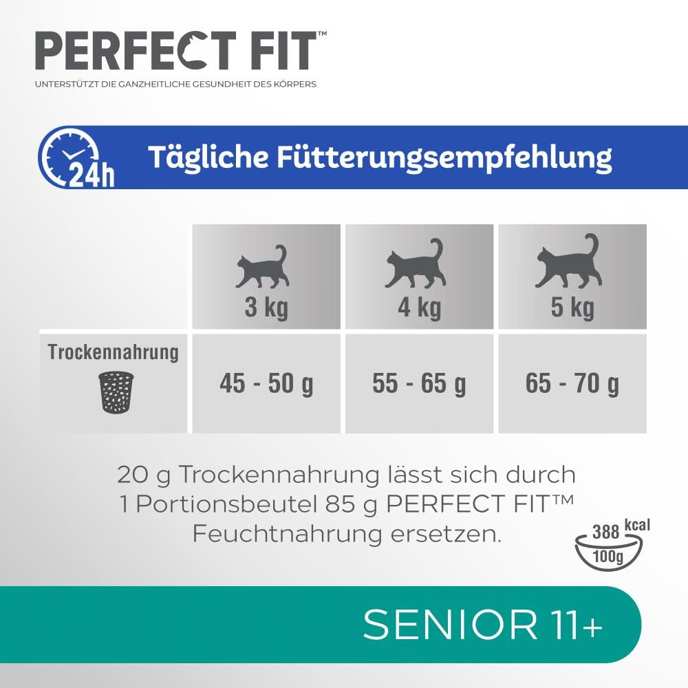 Perfekt Fit Senior 11+ Fütterungsempfehlung für Trockennahrung nach Katzengewicht.
