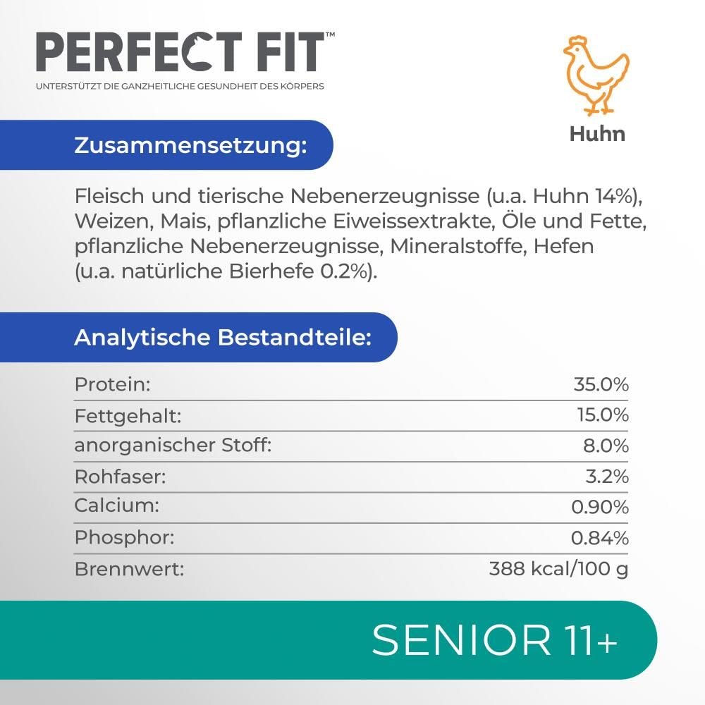 Nährwert- und Zutatenliste von Perfect Fit Katzenfutter für Senioren ab 11 Jahren mit Huhn.