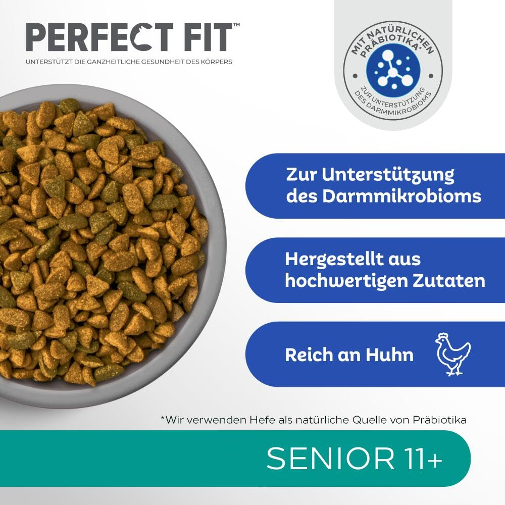 Eine Schüssel Trockenfutter neben Texten, die die Vorteile für Katzen über elf Jahre betonen.
