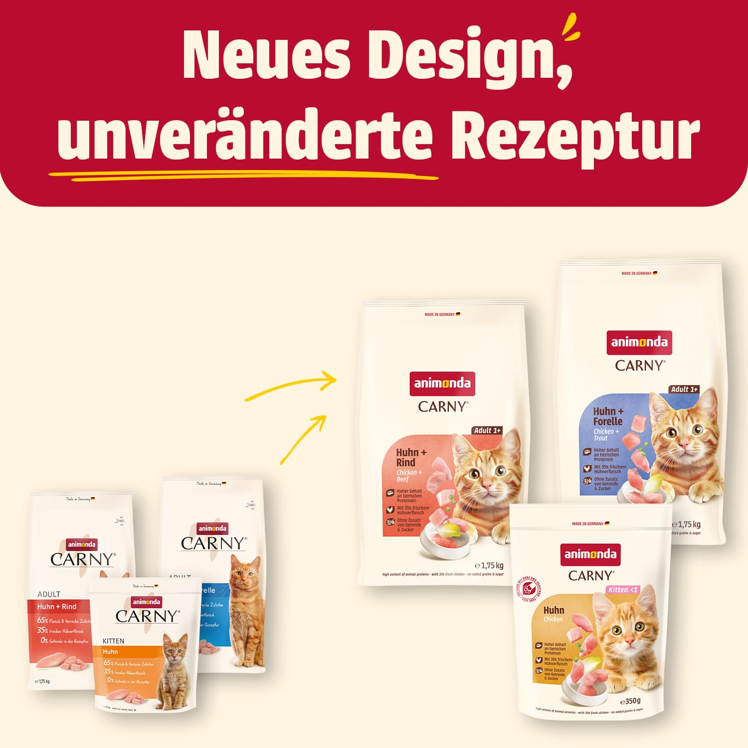Vergleich von altem und neuem Design der Animonda Carny Katzenfutterverpackungen.