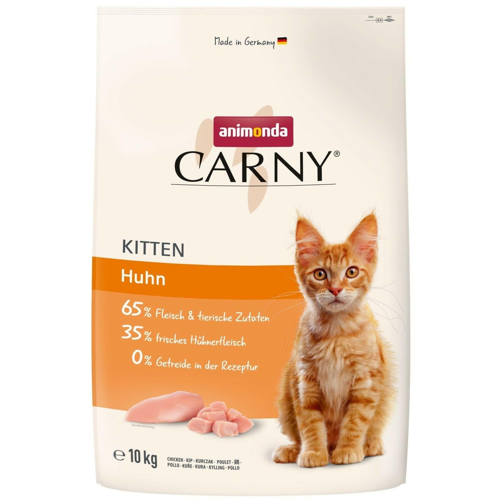 Animonda Carny Kitten Katzenfutterbeutel mit Huhn und Katzenbild.