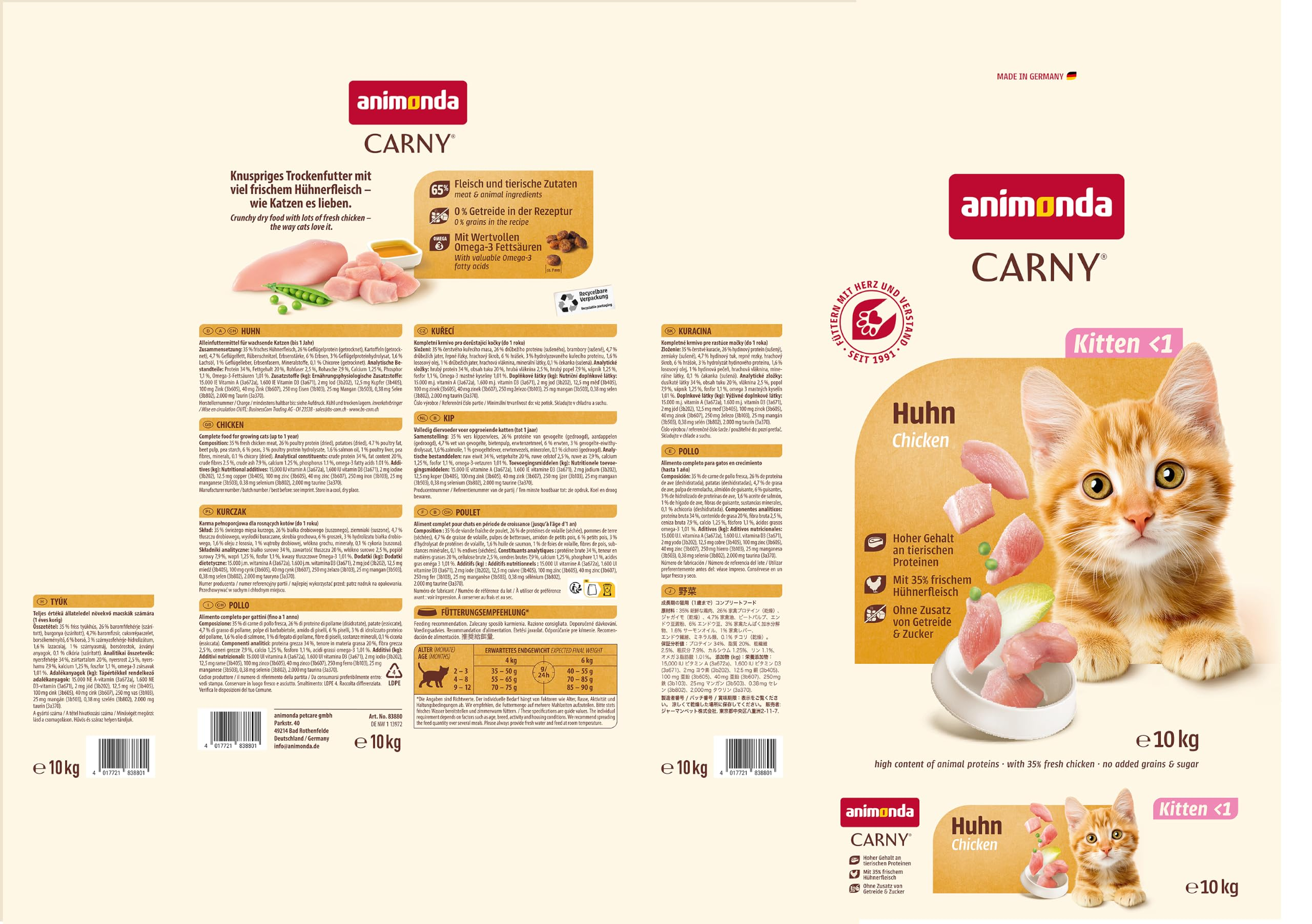 Animonda Carny Katzenfutter Verpackung mit Kätzchen, Hühnchen-Motiv und Produktinfos.