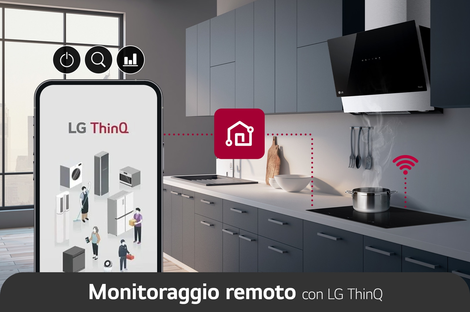 Uno smartphone mostra l'app LG ThinQ in una cucina moderna con elettrodomestici collegati.