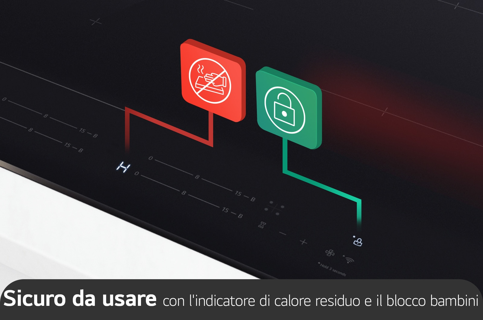 Piano cottura con indicatore di calore residuo e blocco bambini.