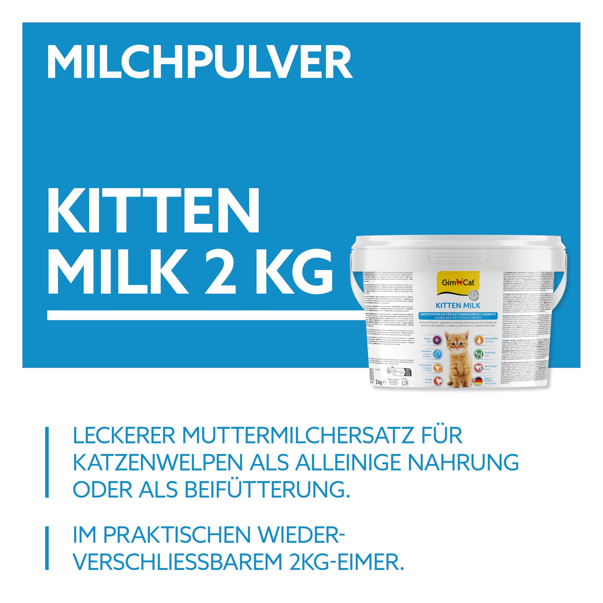 GimCat Kitten Milk 2kg Eimer mit Text auf blauem Hintergrund.