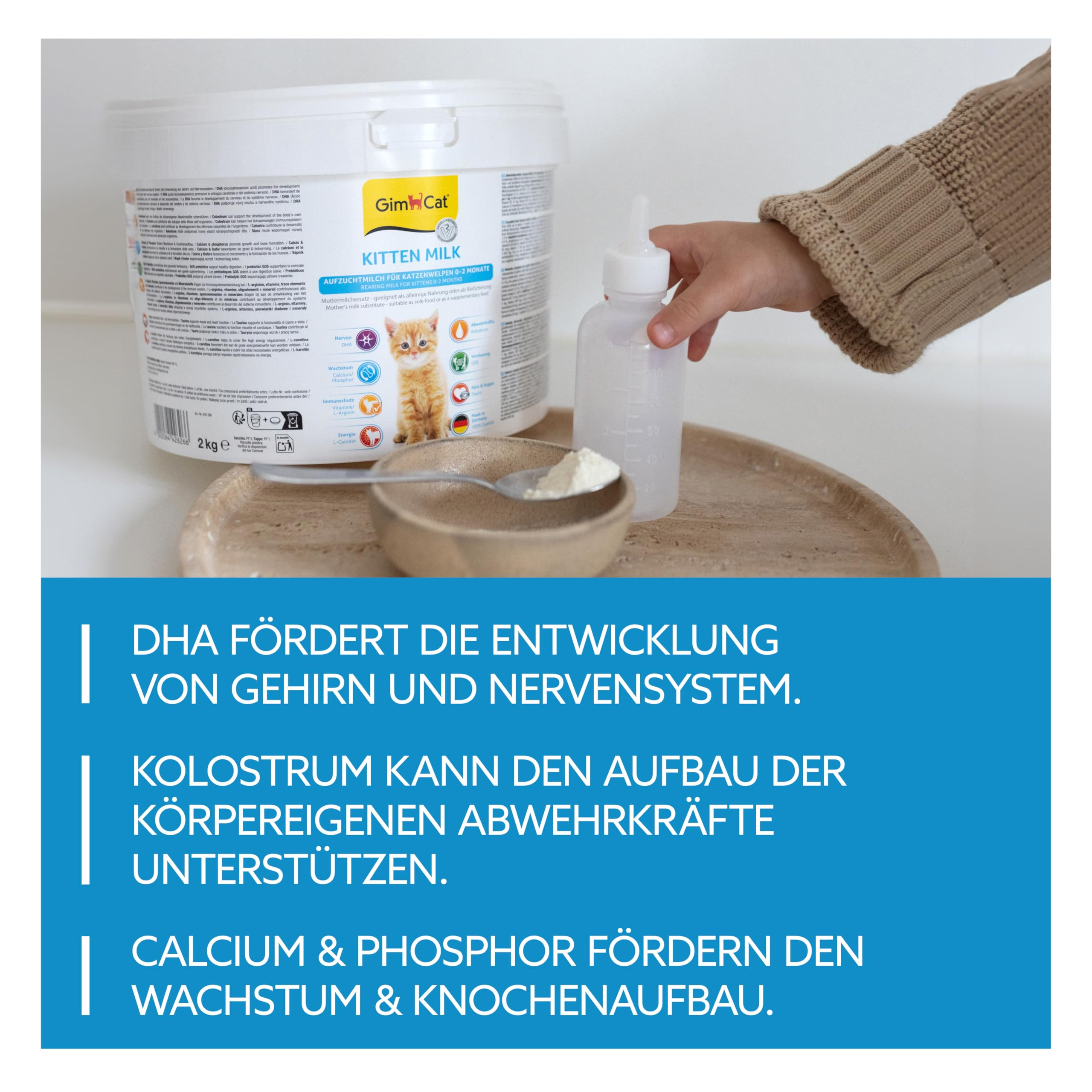 Katzenmilch-Dose, Flasche und ein Löffel mit Pulver auf Holzbrett.
