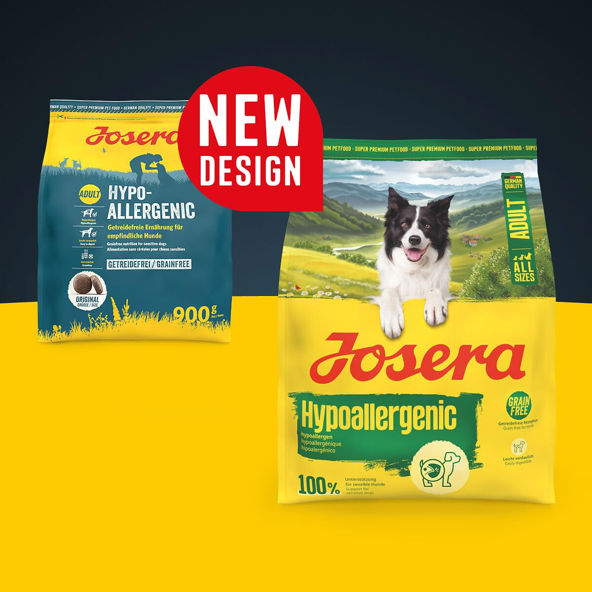Zwei Josera Hypoallergenic Hundefuttertüten mit einer roten Aufschrift für neues Design.