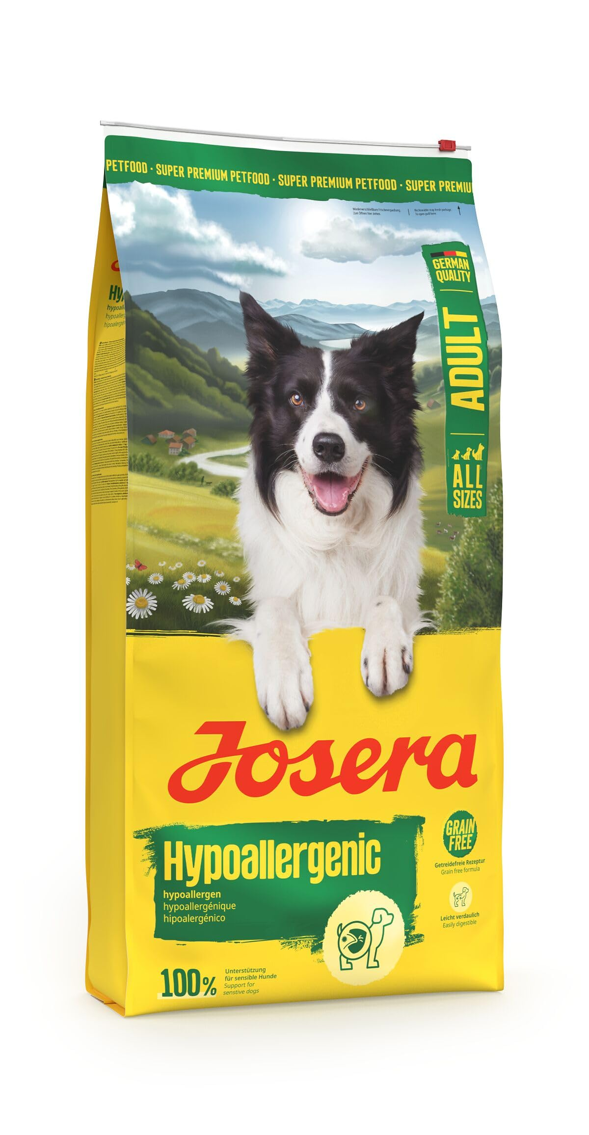 Josera Hypoallergenic Hundefutterpackung mit einem Border Collie vor einer Berglandschaft.