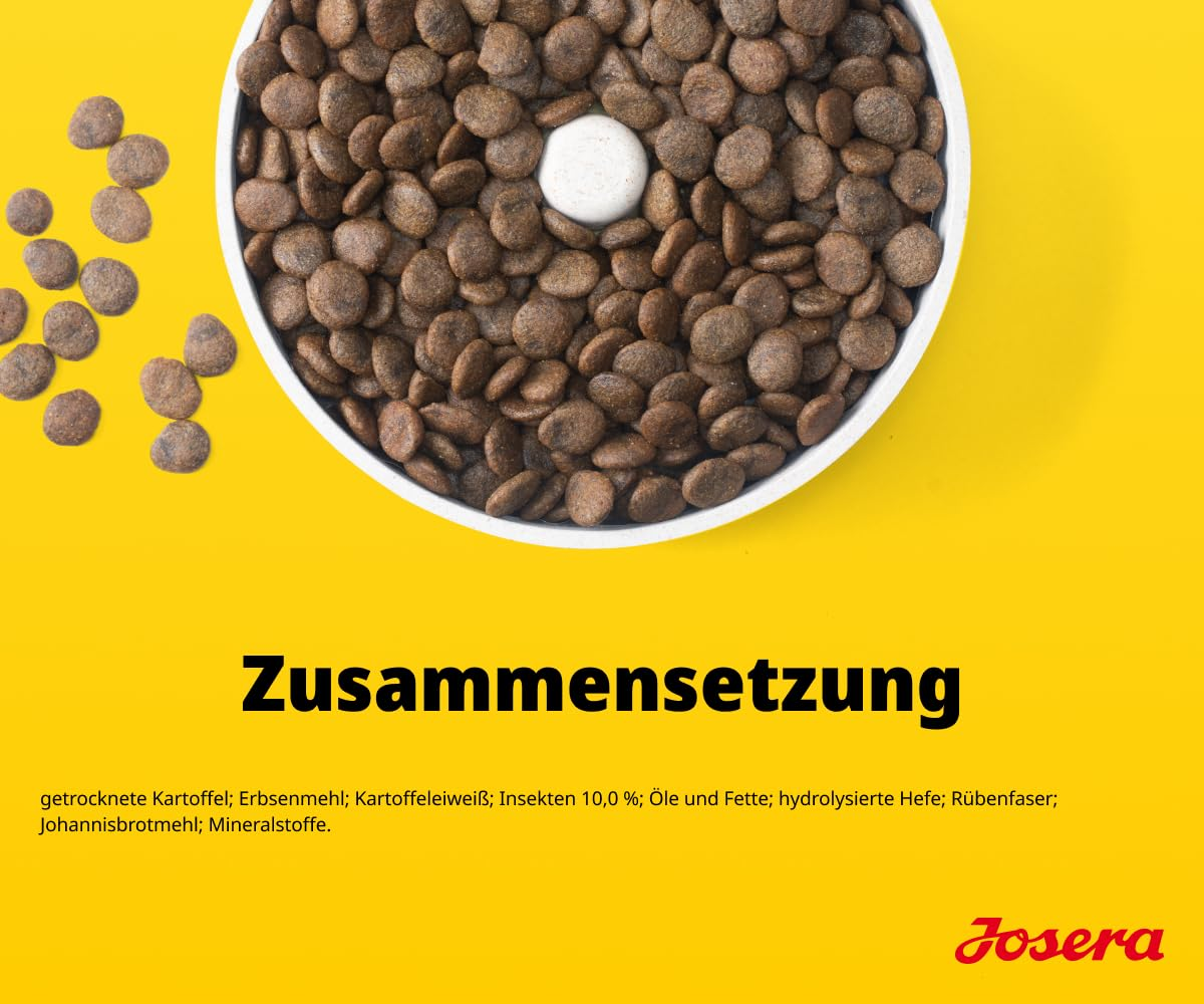 Eine weiße Schüssel mit braunem Trockenfutter auf gelbem Hintergrund, darunter der Text "Zusammensetzung".