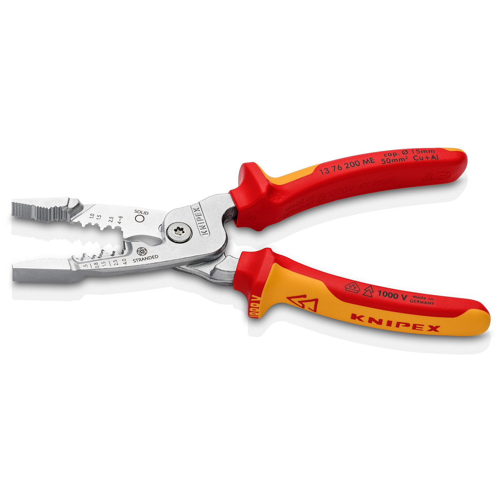 Knipex Elektrikerzange mit roten und gelben isolierten Griffen auf weißem Hintergrund.
