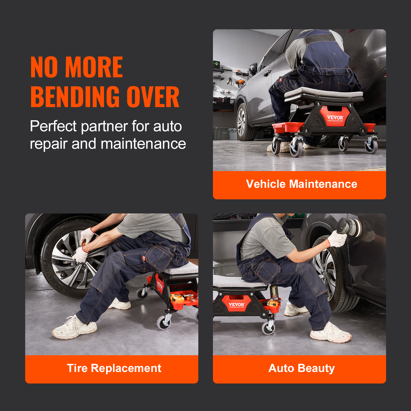 Mechaniker nutzt einen rollbaren Werkstatthocker für Autoreparatur und Pflege.