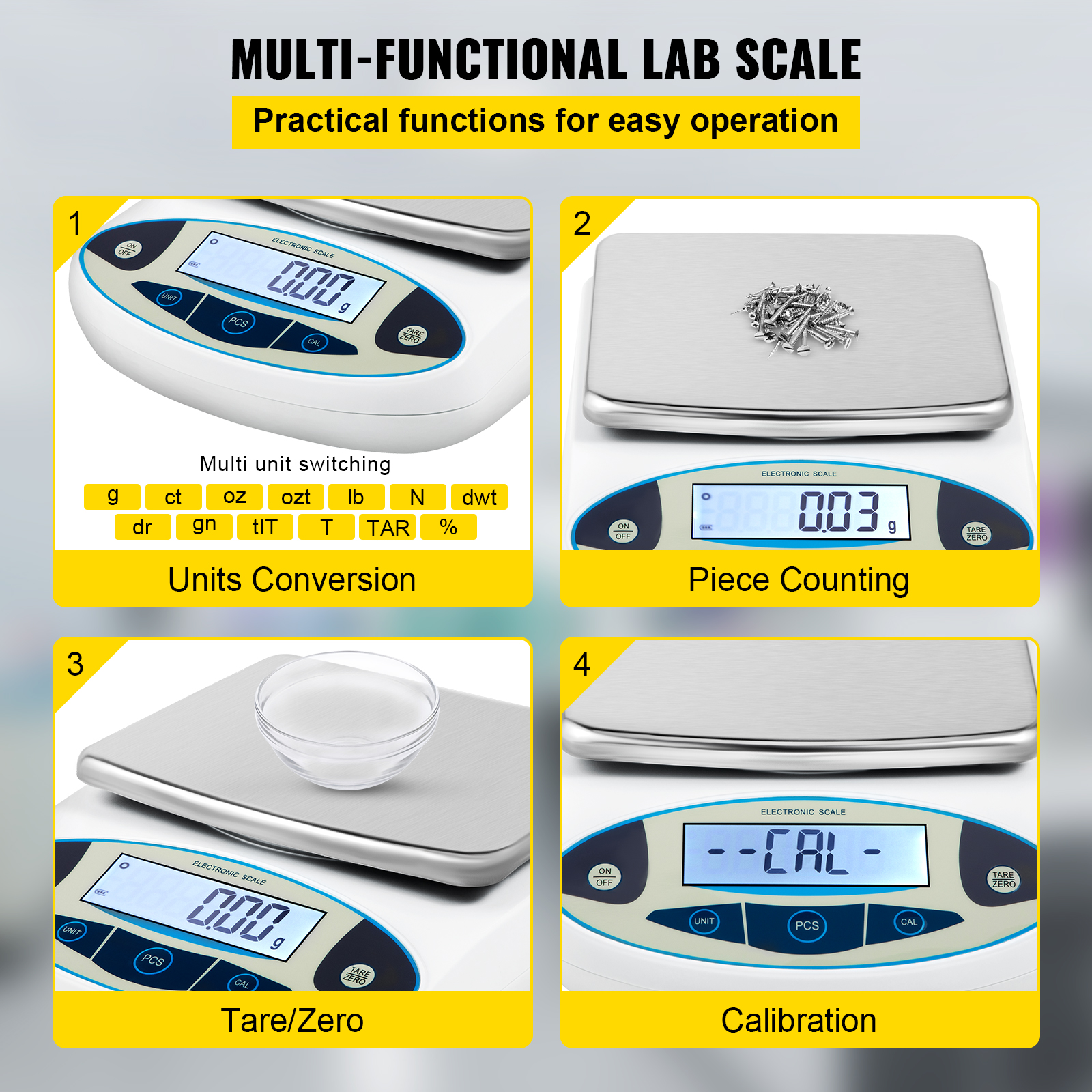 Bilancia da laboratorio digitale con conversione unità, conteggio pezzi, tara e calibrazione.