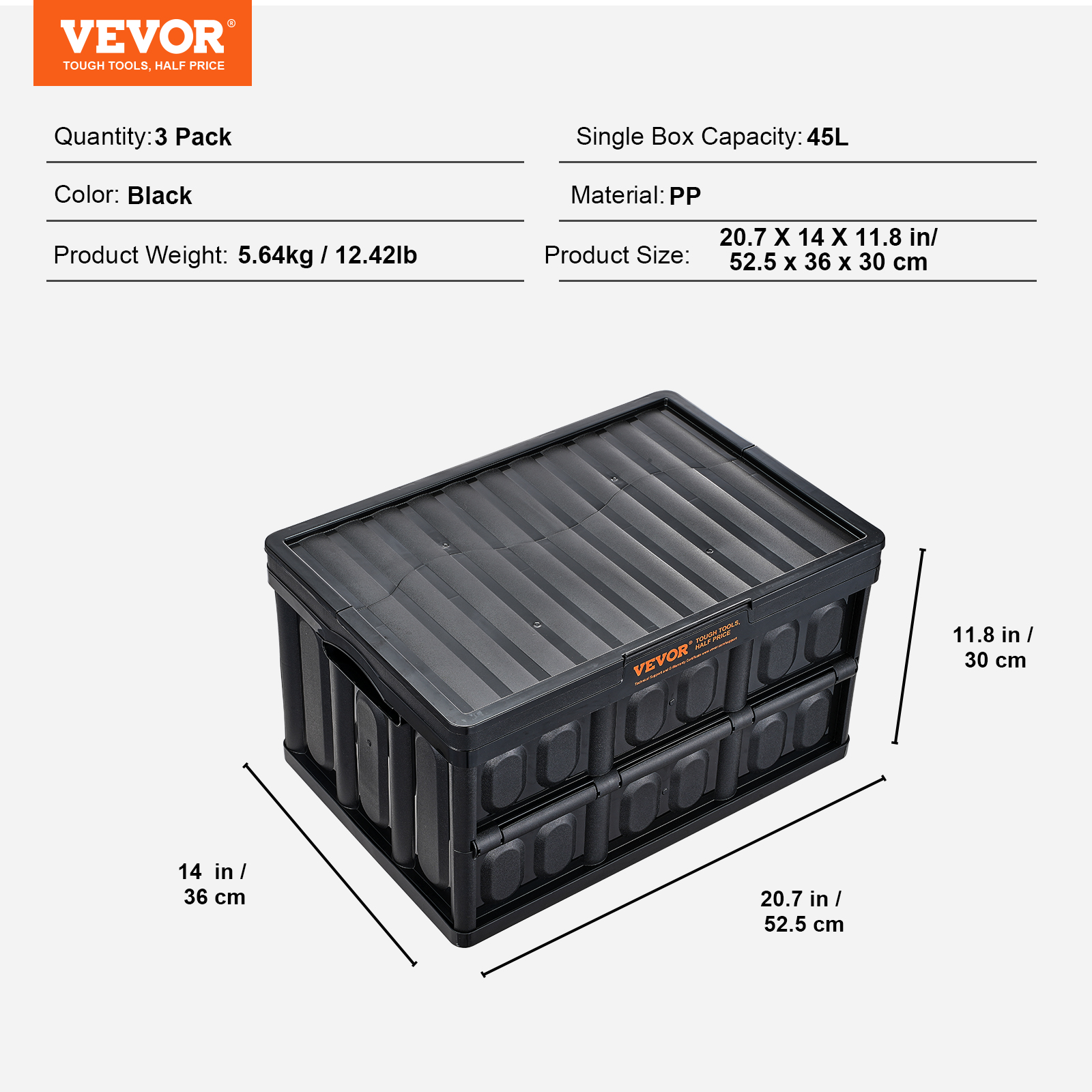 Technische Daten und Maße einer schwarzen VEVOR Plastikbox mit Deckel.