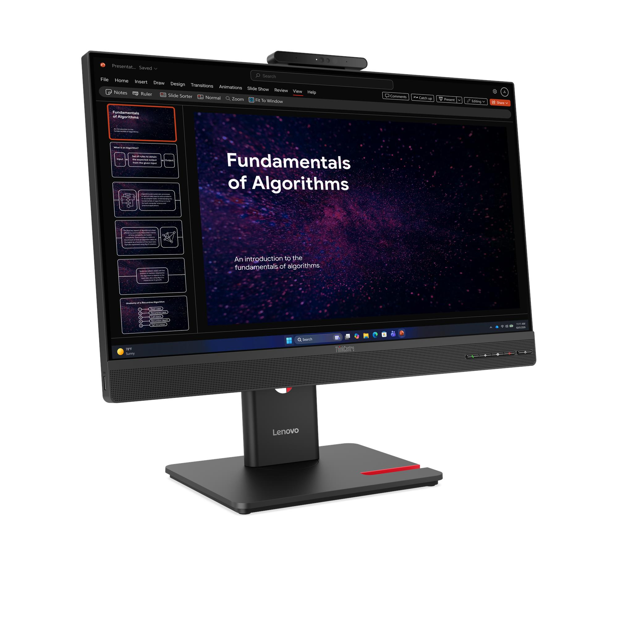 Un PC all-in-one Lenovo ThinkCentre nero che mostra una presentazione sugli algoritmi.