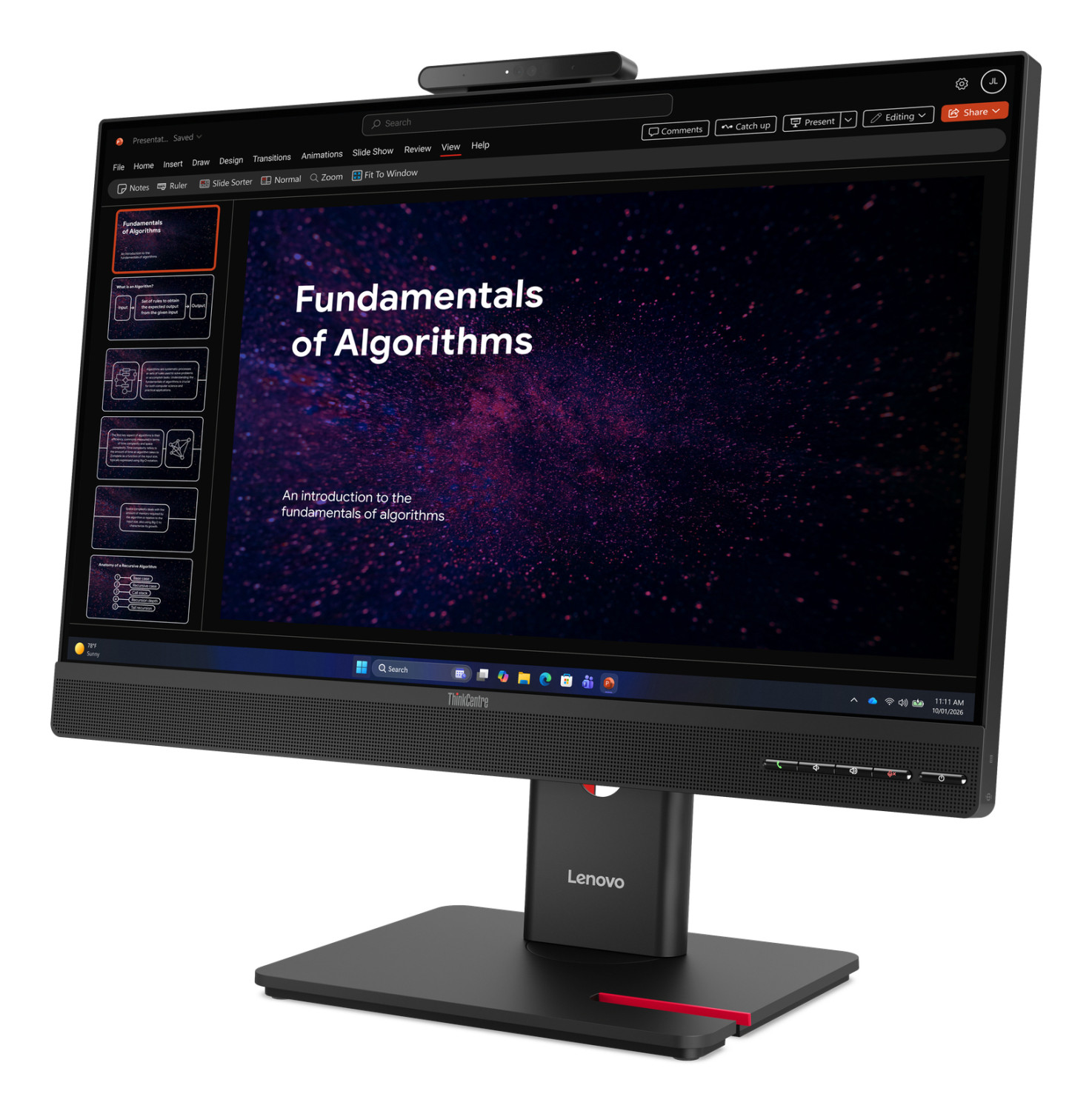 Un computer all-in-one Lenovo ThinkCentre mostra una presentazione sui fondamenti degli algoritmi.