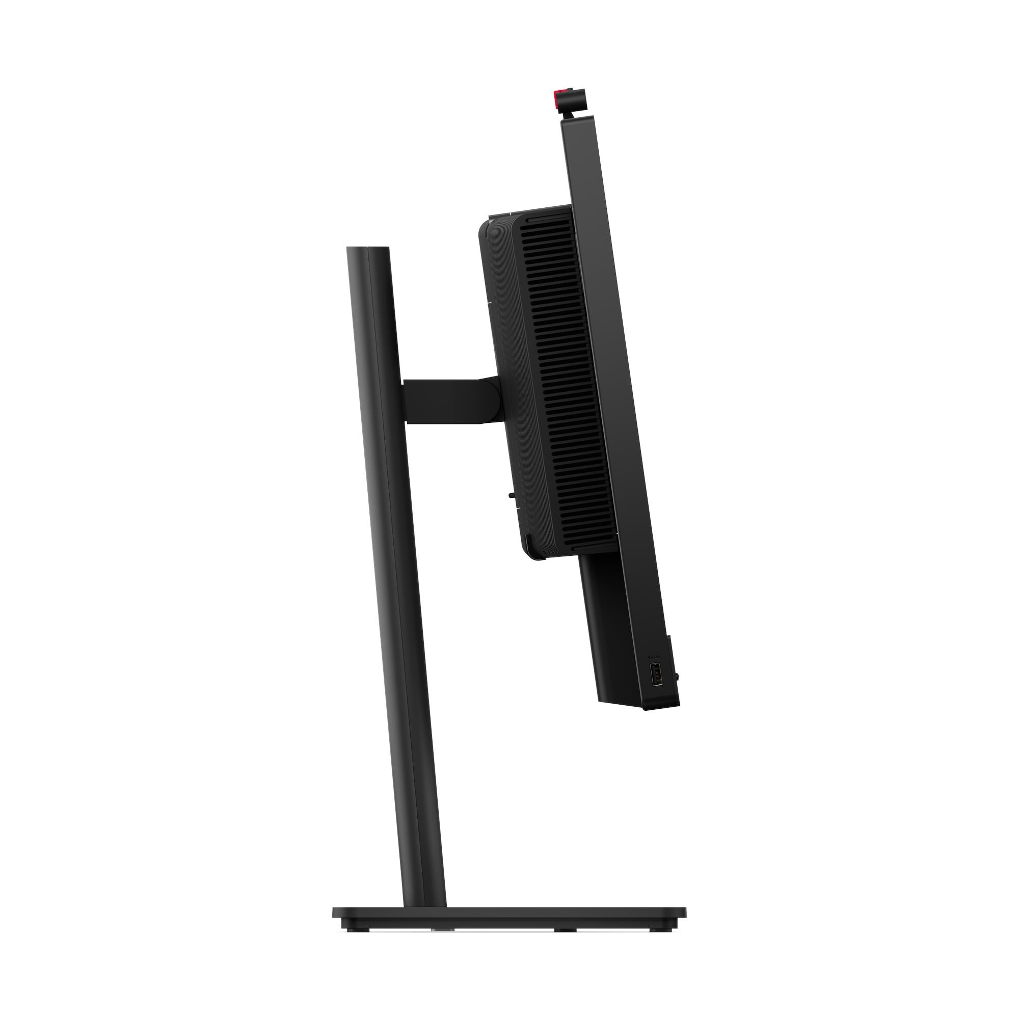 Vista laterale di un computer all-in-one nero con supporto su sfondo chiaro.