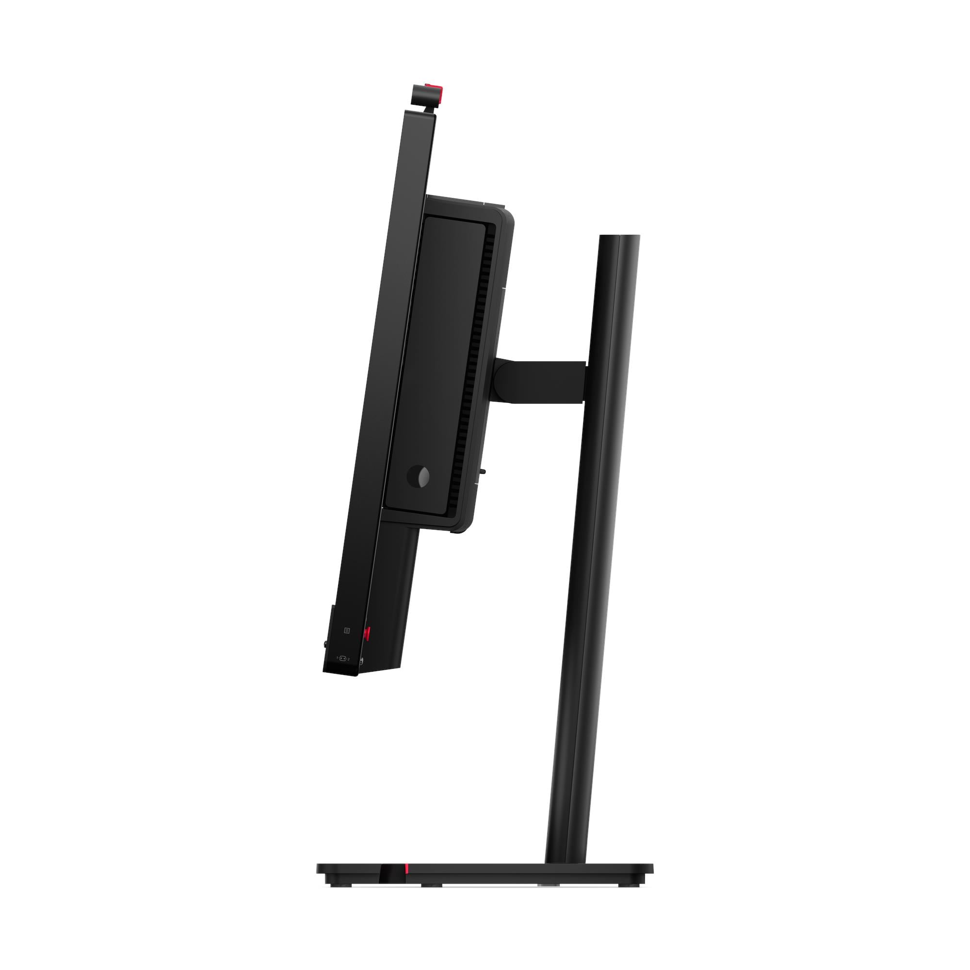 Vista laterale di un monitor di computer nero su supporto con dettaglio rosso.