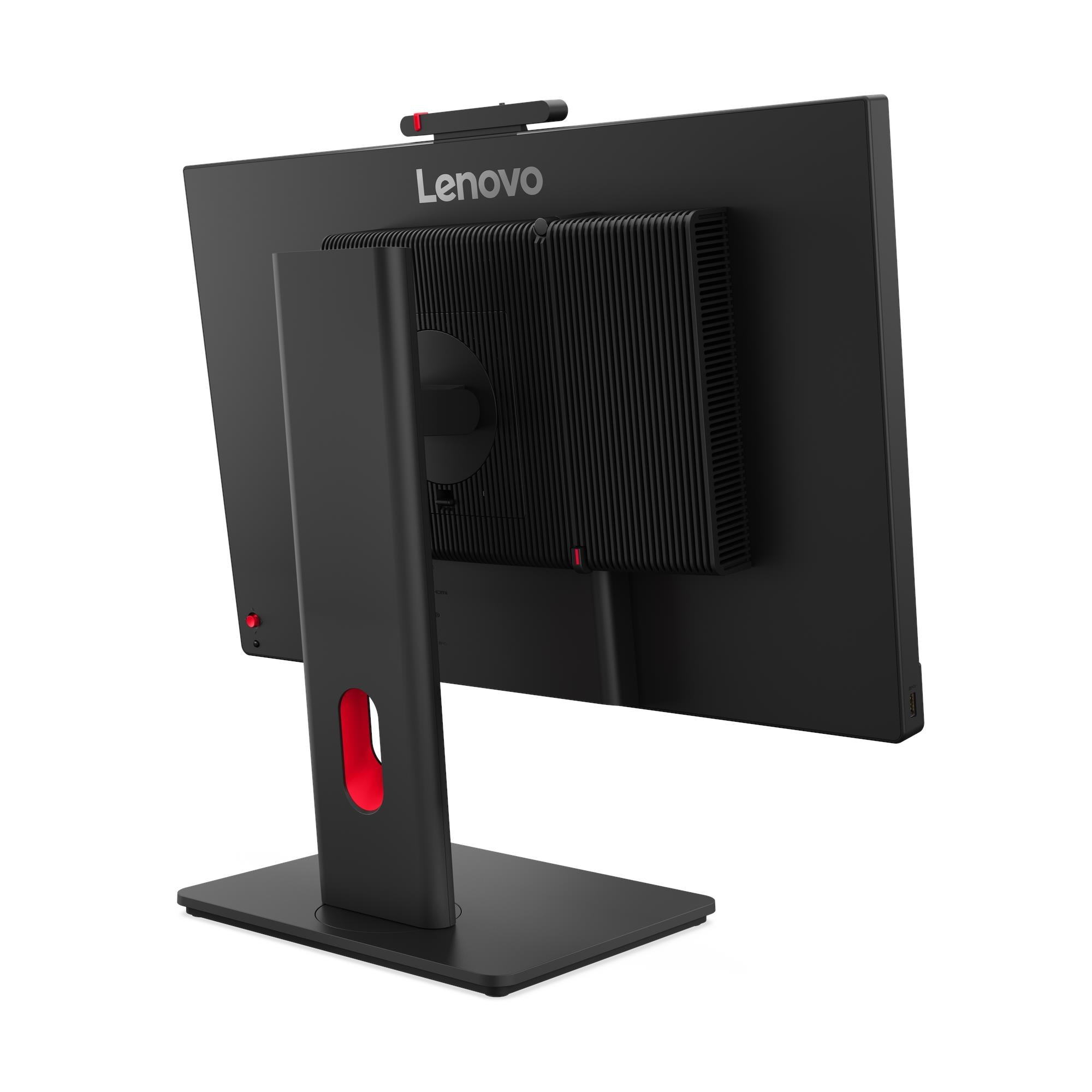 Vista posteriore di un monitor nero Lenovo con supporto e webcam su sfondo bianco.