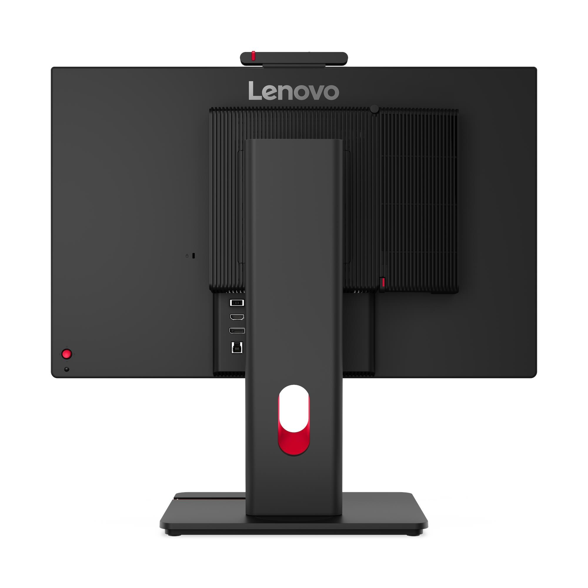 Vista posteriore di un monitor Lenovo nero con supporto regolabile, porte laterali e webcam in alto.