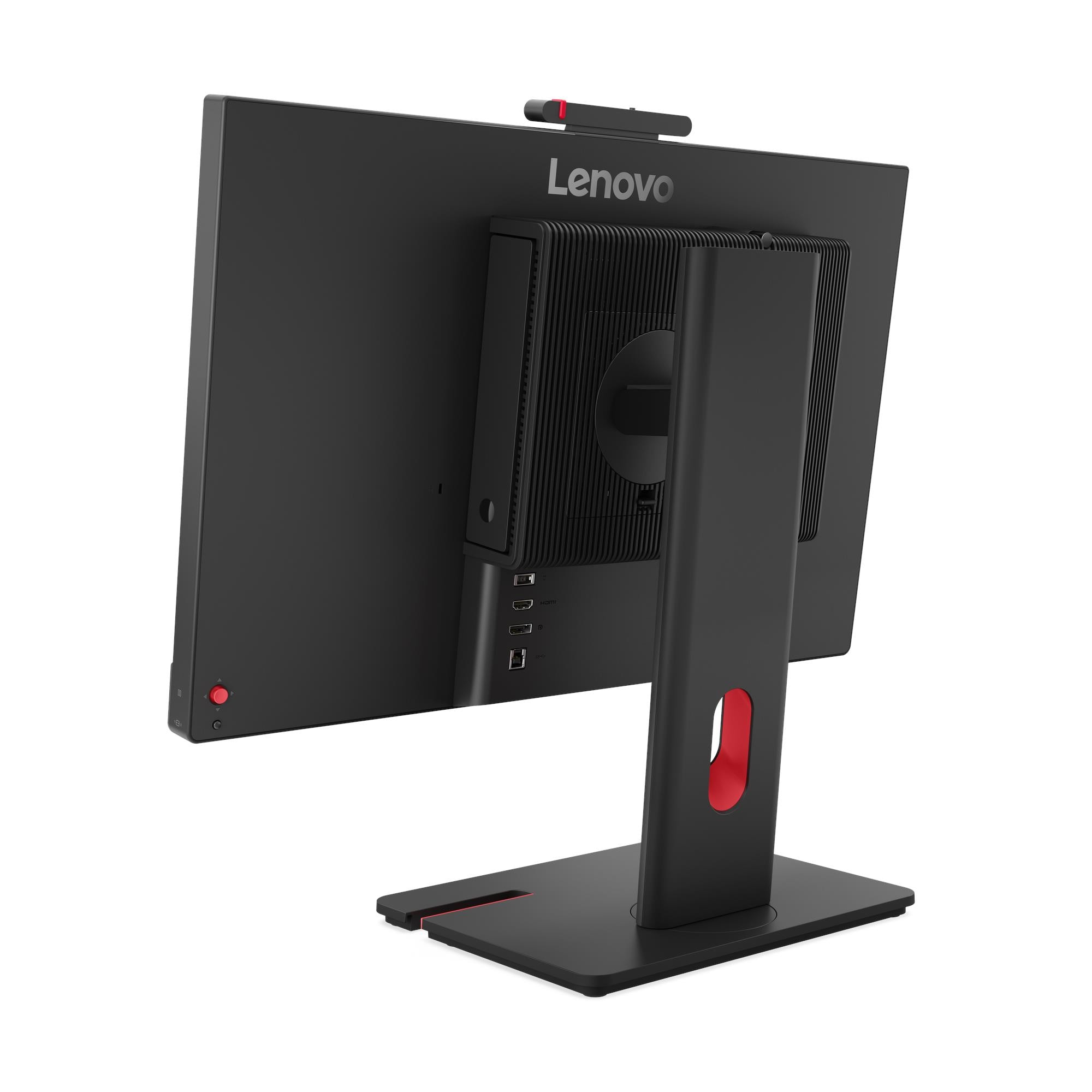 Vista posteriore di un monitor Lenovo nero con mini PC integrato e telecamera su supporto.