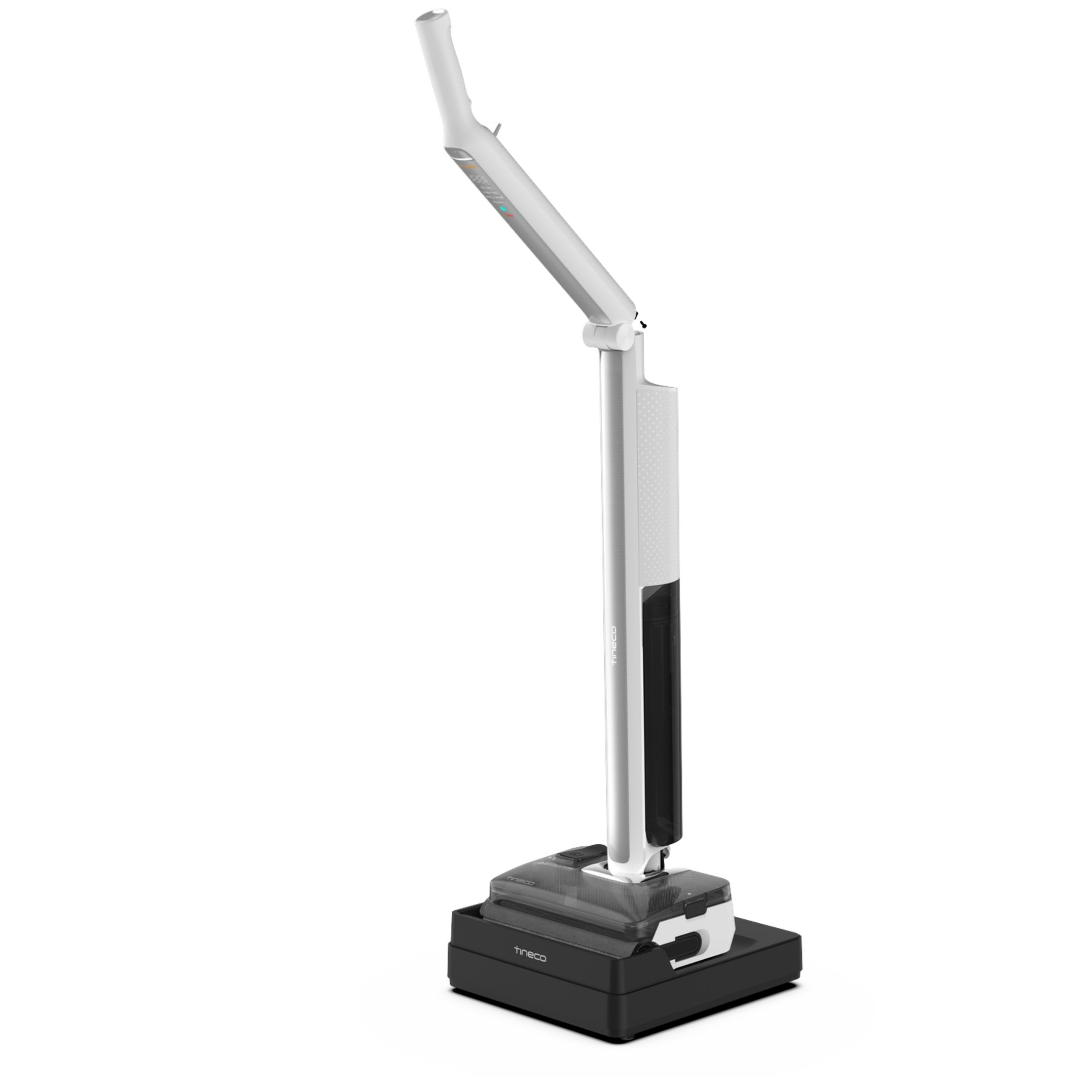 Un aspirateur balai Tineco blanc repose sur une base de charge noire sur fond blanc.