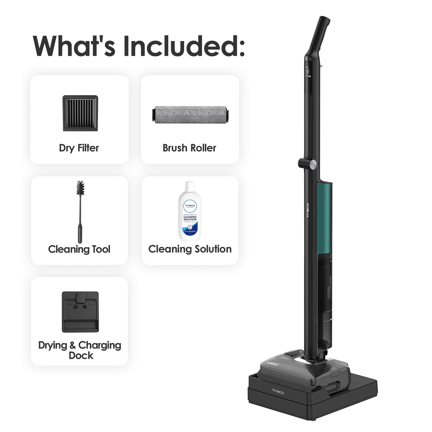 Aspirateur Tineco avec accessoires inclus tels que filtre, rouleau, brosse, solution et station.