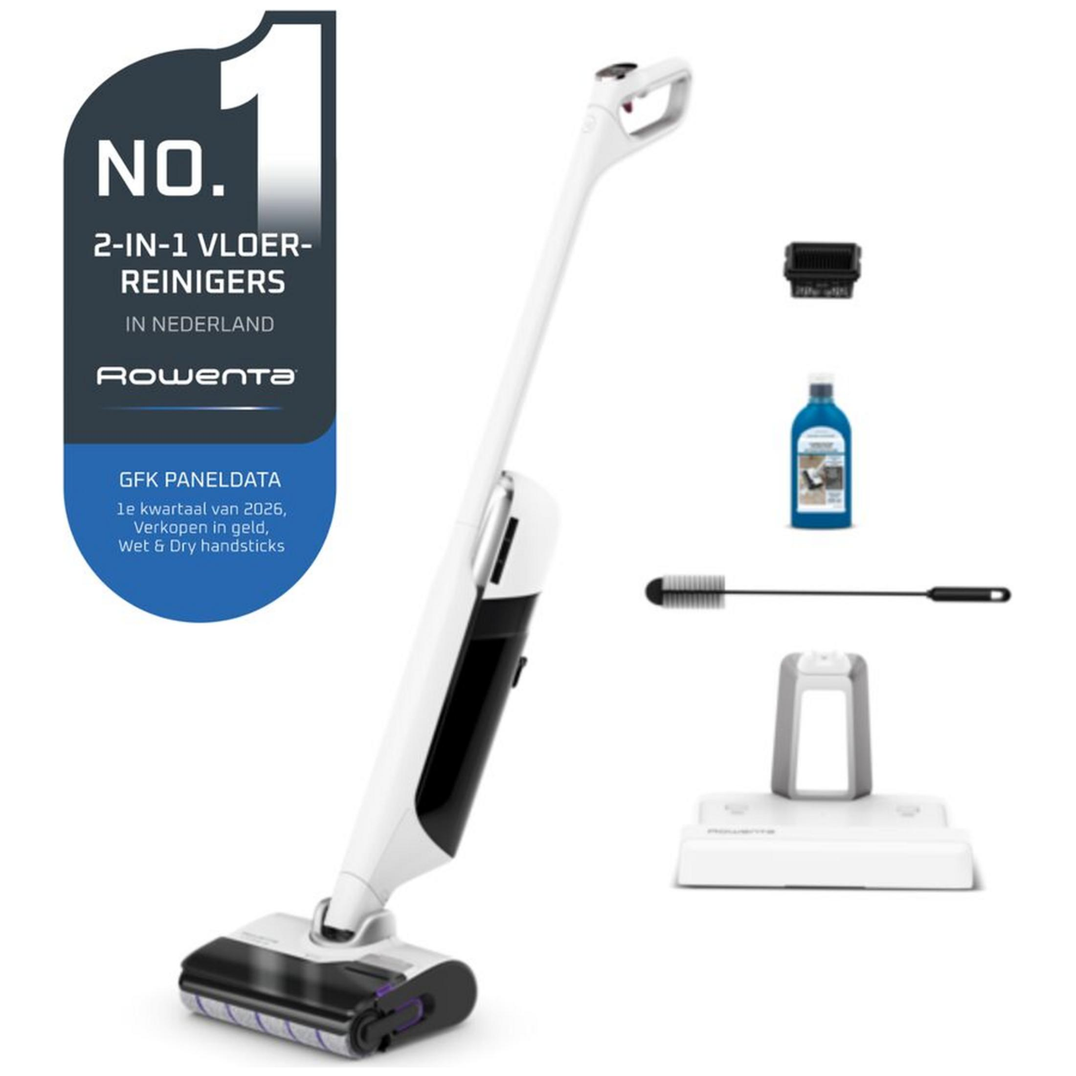 Rowenta 2-in-1-Bodenreiniger mit Zubehör und Werbebanner links.