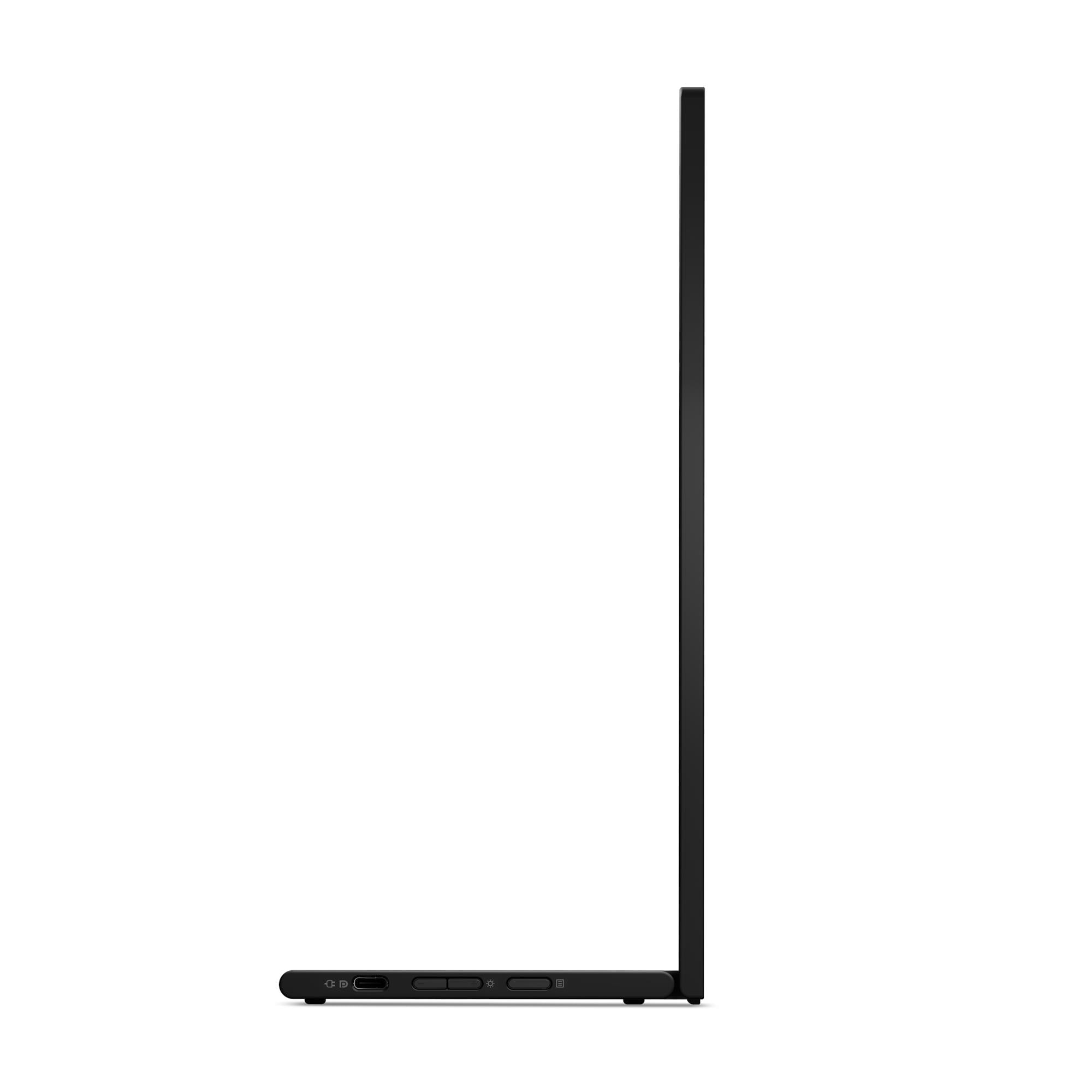 Vista laterale di un dispositivo elettronico nero e sottile con porta USB e pulsanti sulla base.