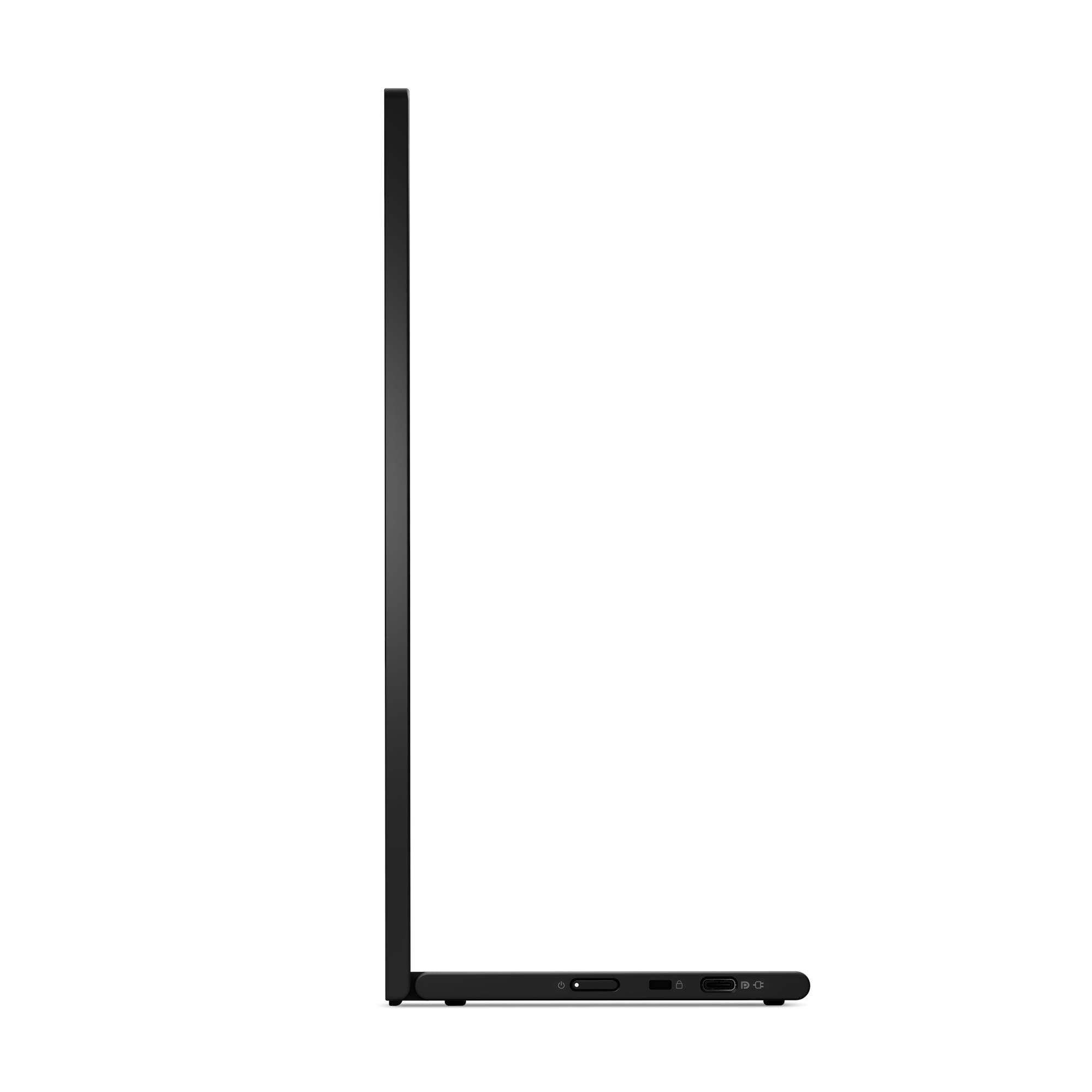 Vista laterale di un sottile monitor nero con porte sulla base su sfondo bianco.