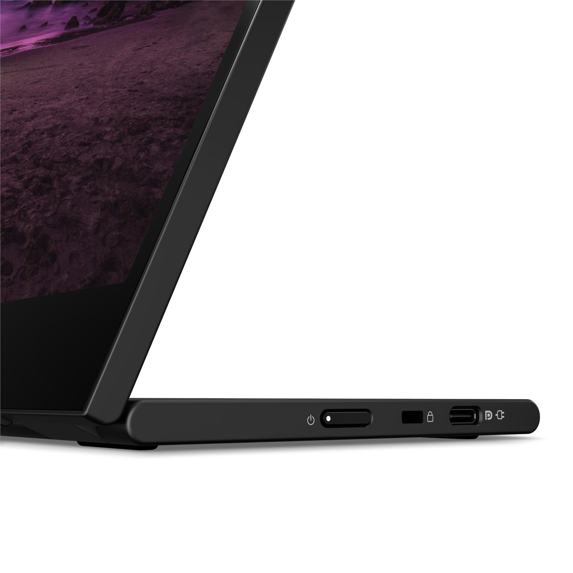 Primo piano del lato destro di un laptop nero con porte e pulsante di accensione.