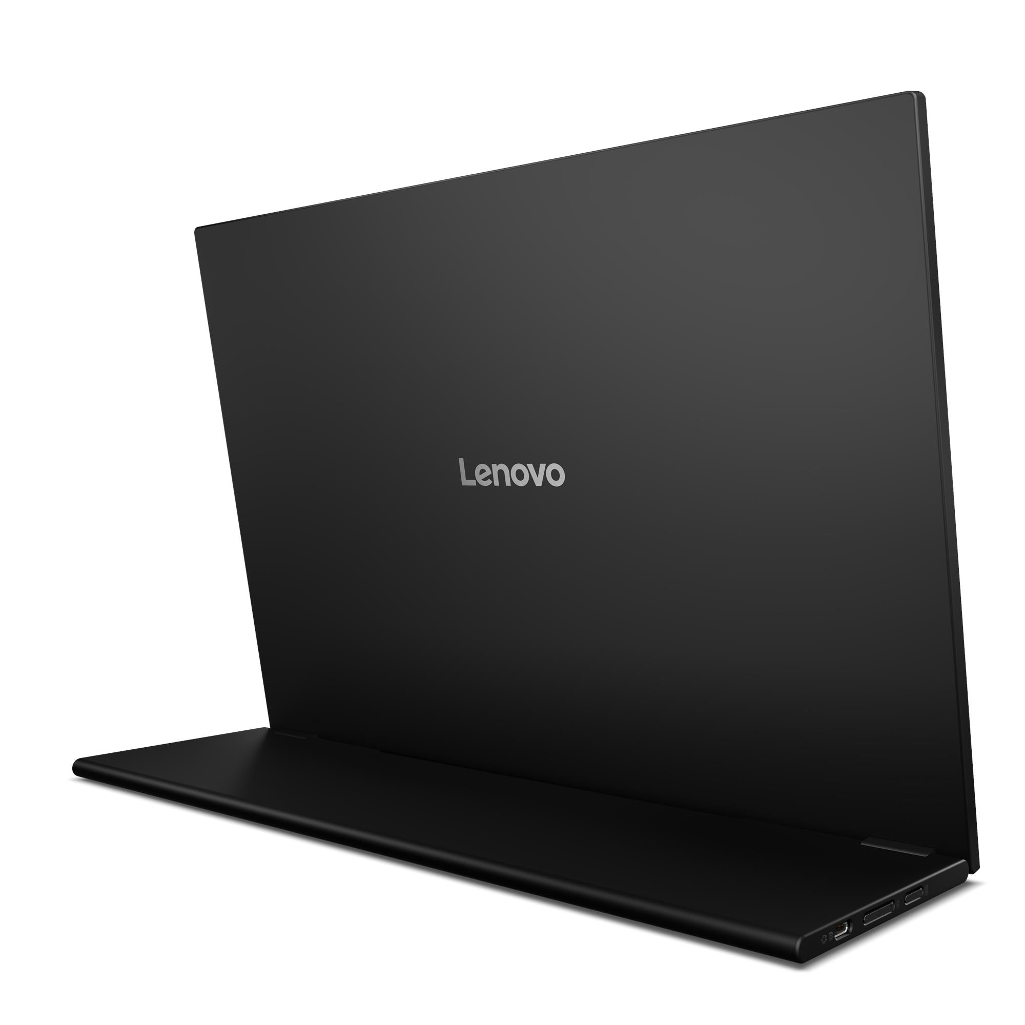Un monitor Lenovo nero si trova su una superficie bianca, con il pannello frontale rivolto all'indietro.