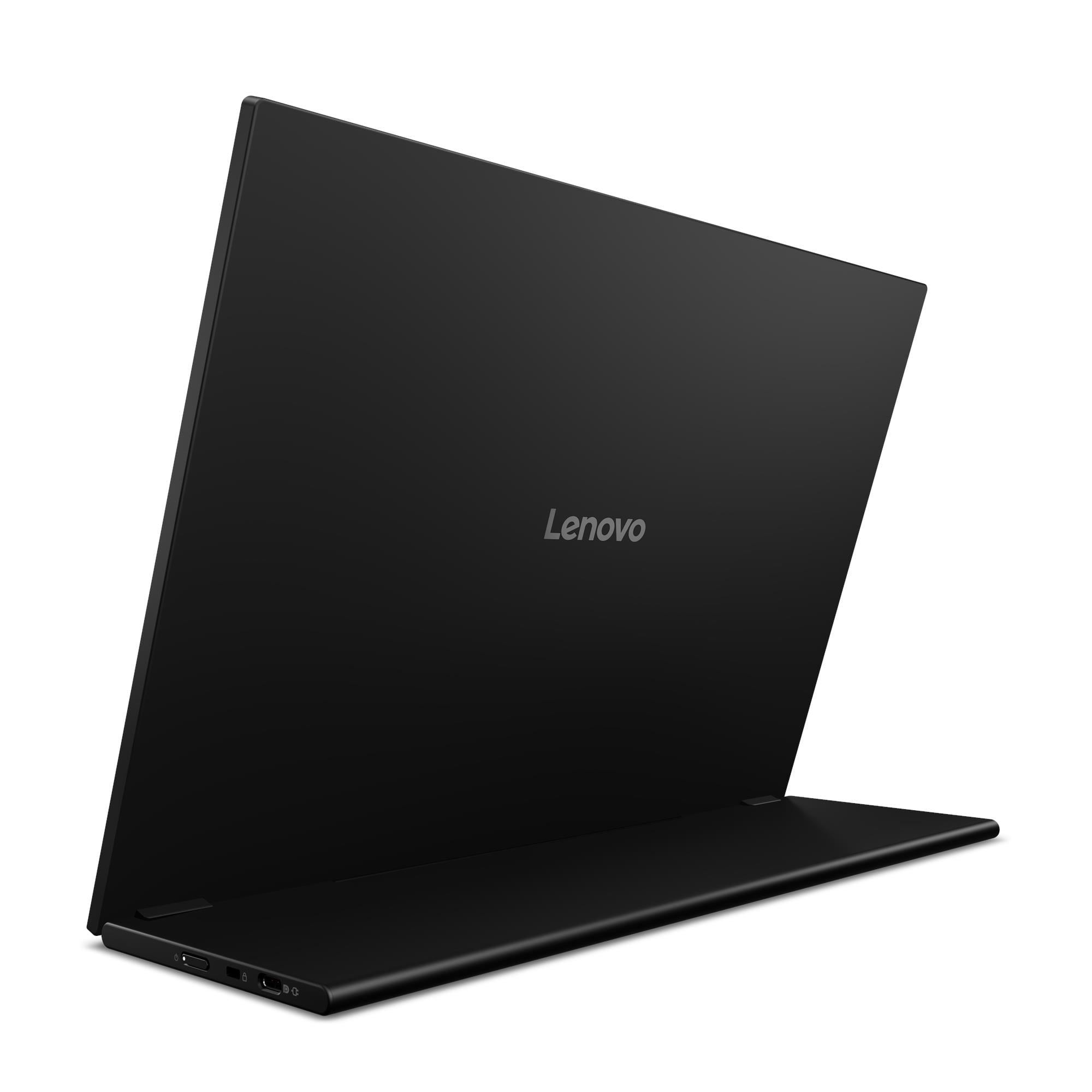 Un elegante monitor Lenovo nero si erge su sfondo bianco, mostrando il pannello posteriore e la base.