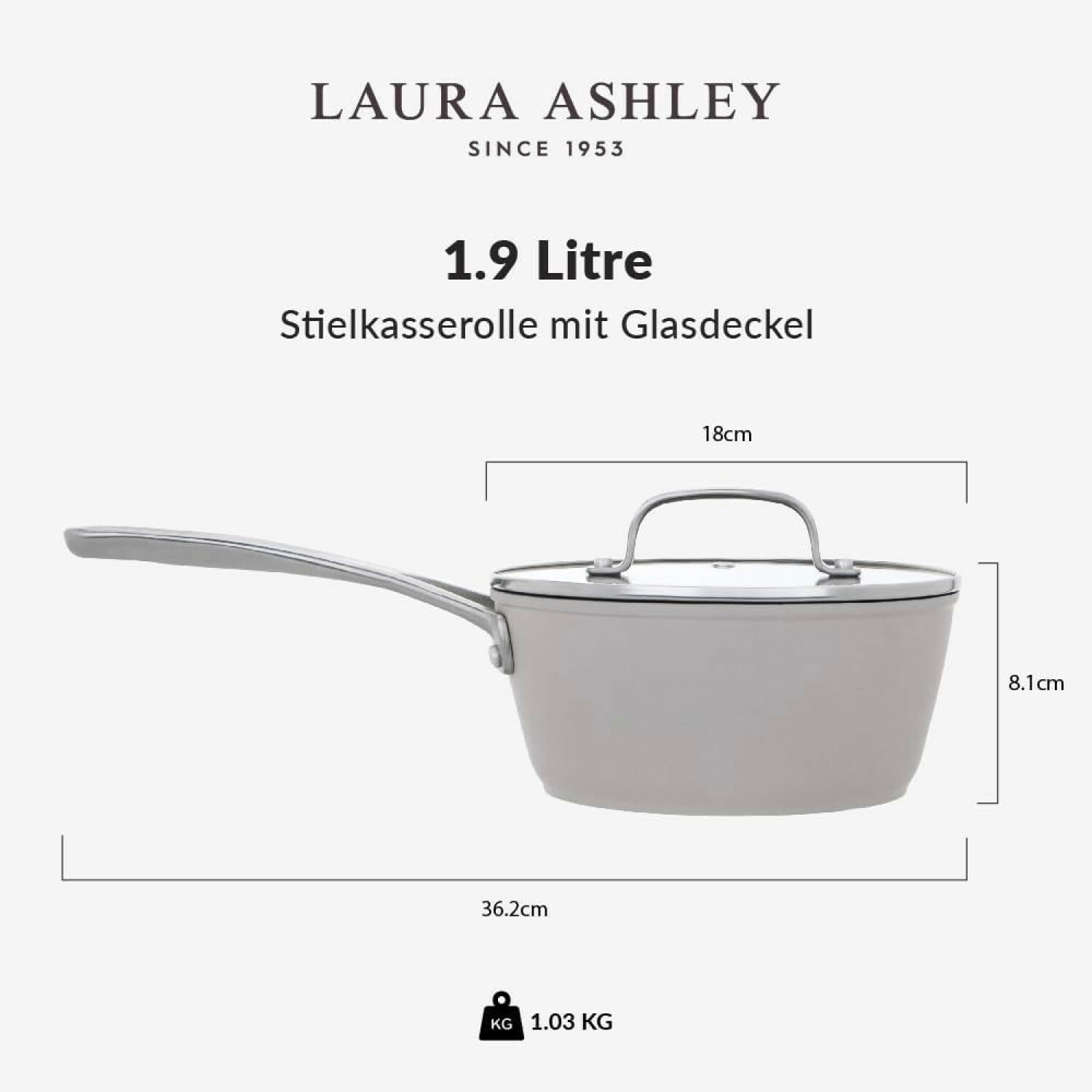 Laura Ashley Stielkasserolle, 1,9 Liter, mit Glasdeckel, Maßen und Gewicht.
