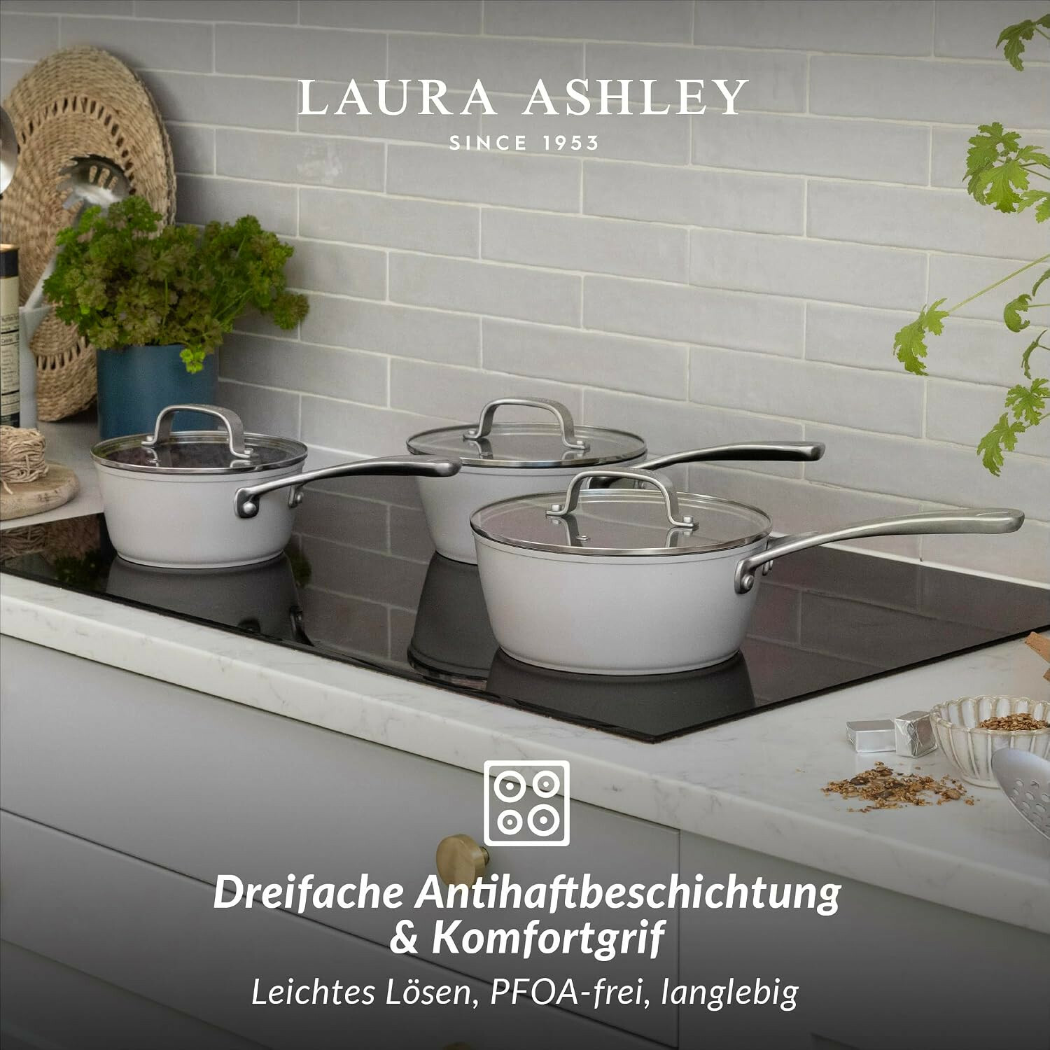 Drei helle Kochtöpfe mit Glasdeckeln stehen auf einem schwarzen Induktionskochfeld in einer modernen Küche.