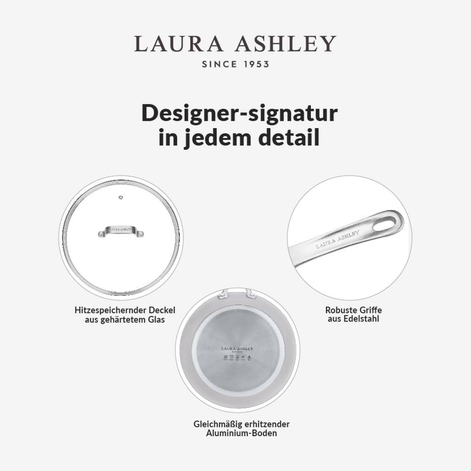 Laura Ashley Kochgeschirr-Details: Glasdeckel, Edelstahlgriff und Aluminiumboden.